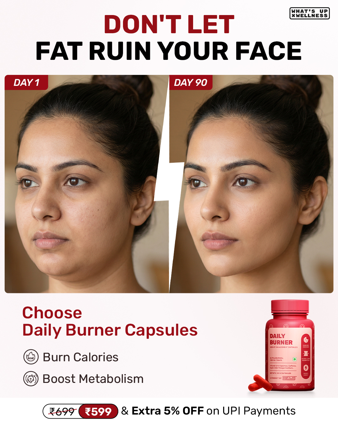 What's Up Wellness Daily Burner Capsules Facebook ad: Flat Rs. 100/- OFF + Extra 5% OFF On Prepaid | Code: WHATSUP