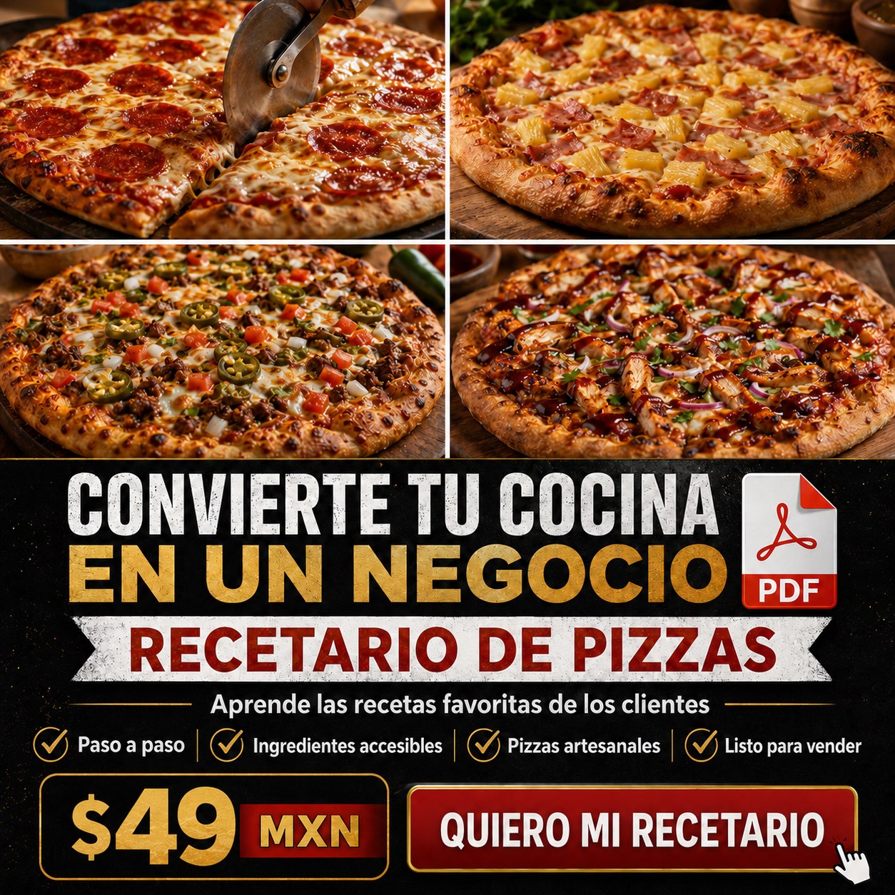 Recetas con Sazón Facebook ad: ¡Recetario PIZZAS ARTESANALES GOURMET en formato PDF!