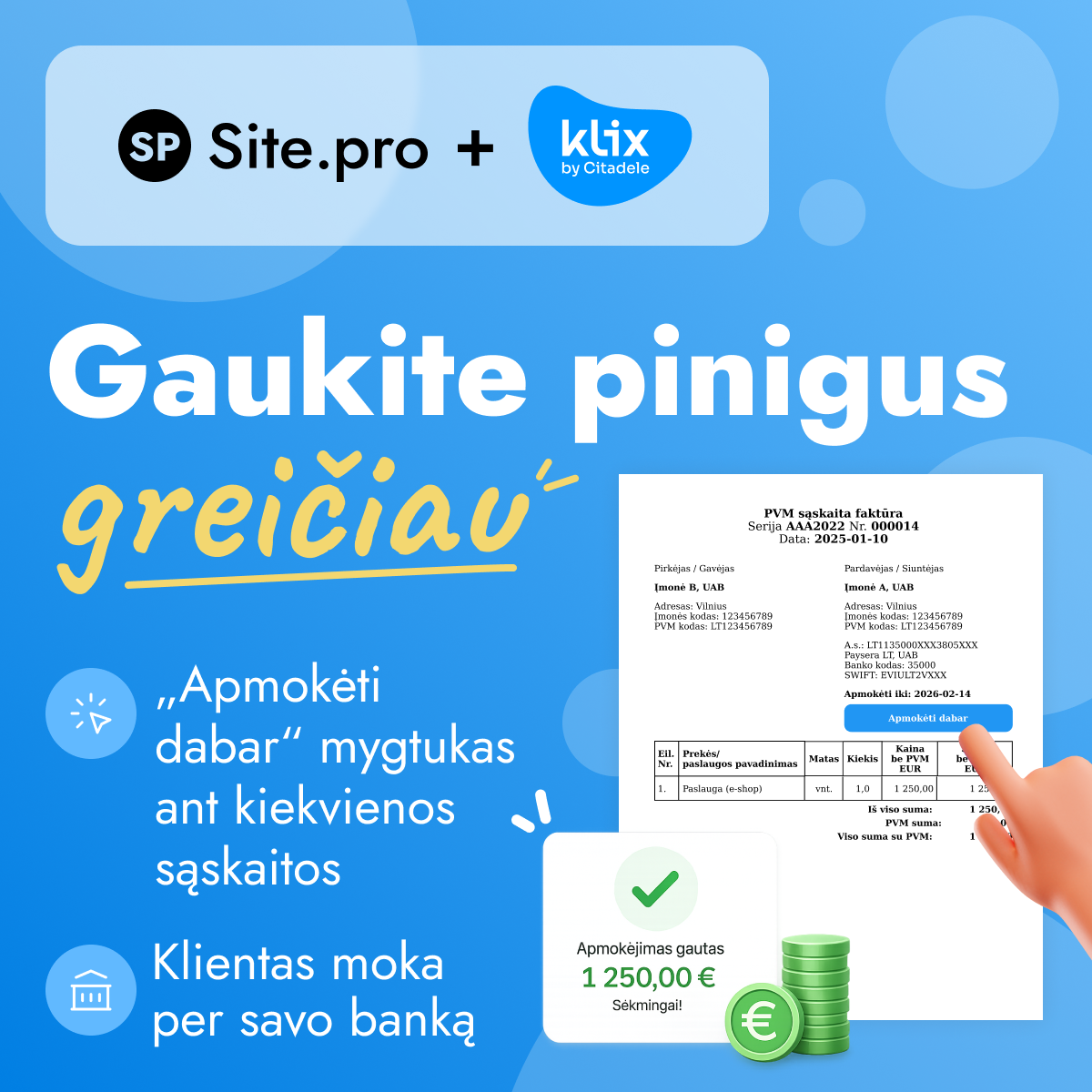 Site.pro - Apskaitos programa ir ERP Facebook ad: Greitesni apmokėjimai jūsų verslui