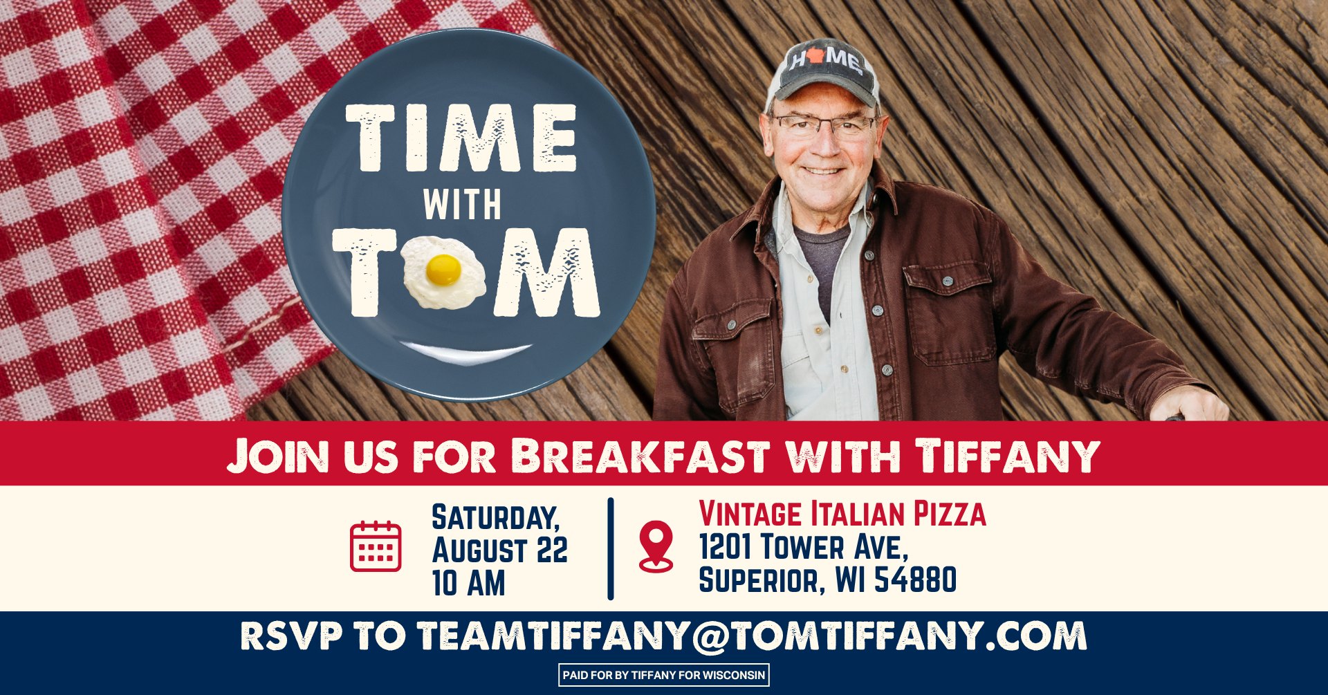 Tom Tiffany Facebook ad: Superior Breakfast with Tom Tiffany