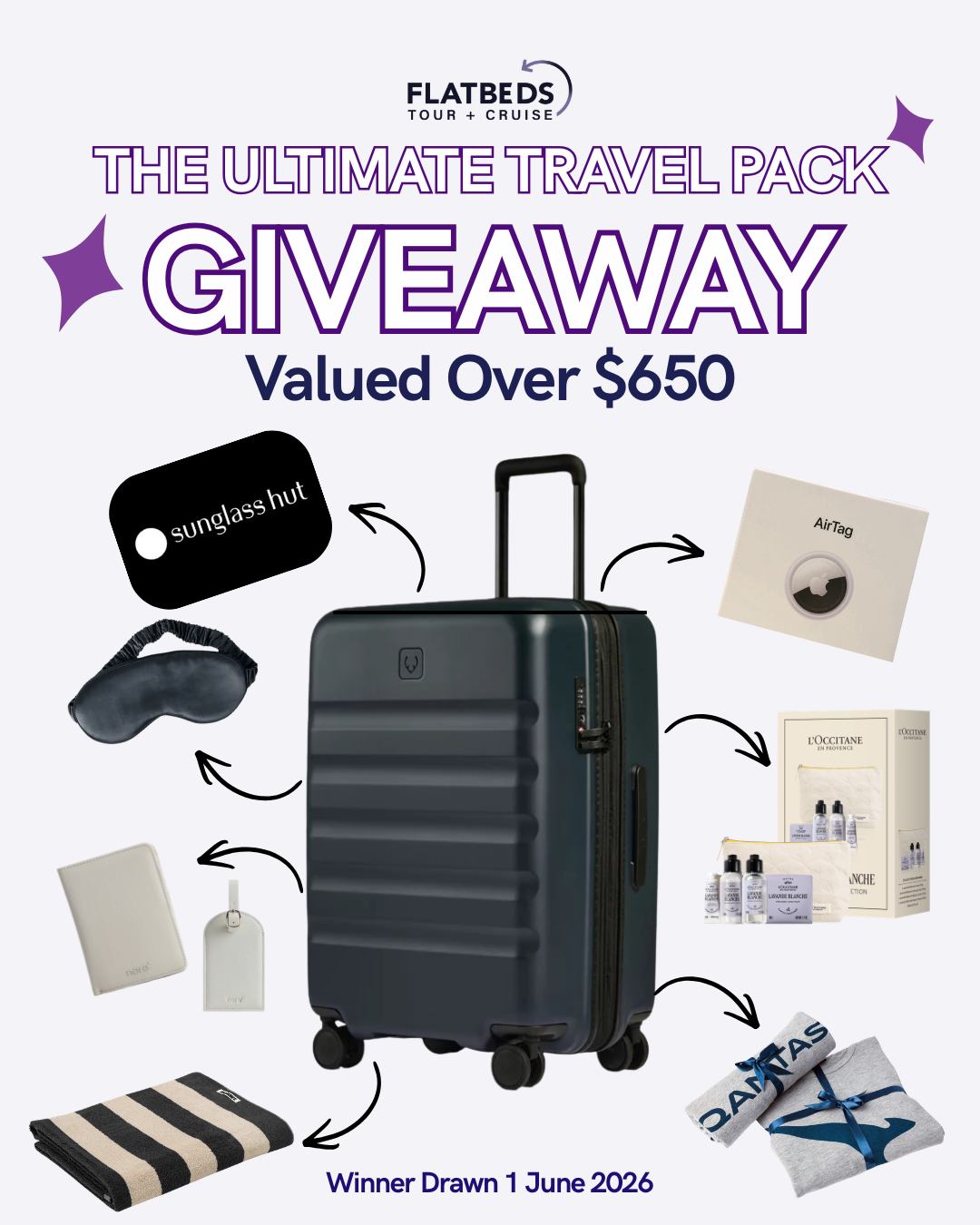 Flat Beds Tour + Cruise Facebook ad: WIN The Ultimate Travel Pack