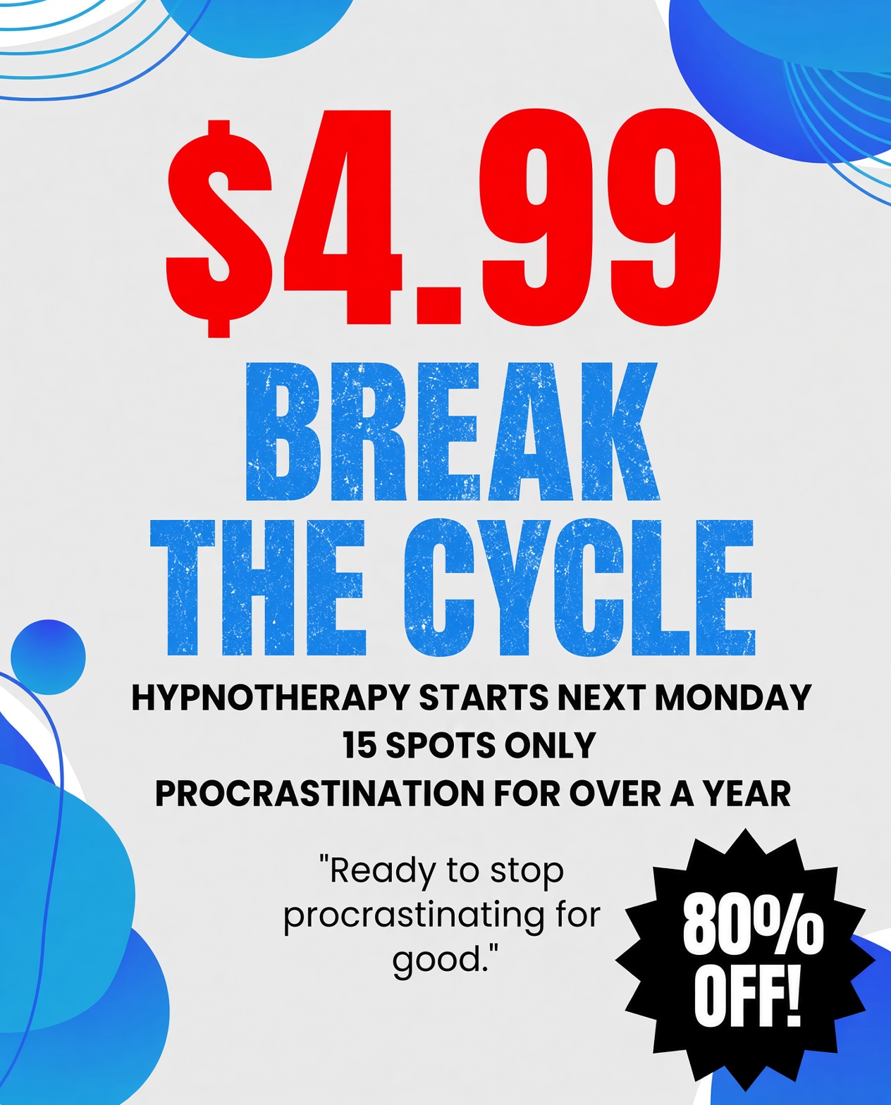 Hypnozio: power of hypnotherapy Facebook ad: Join Hypnotherapy Course To Beat Procrastination