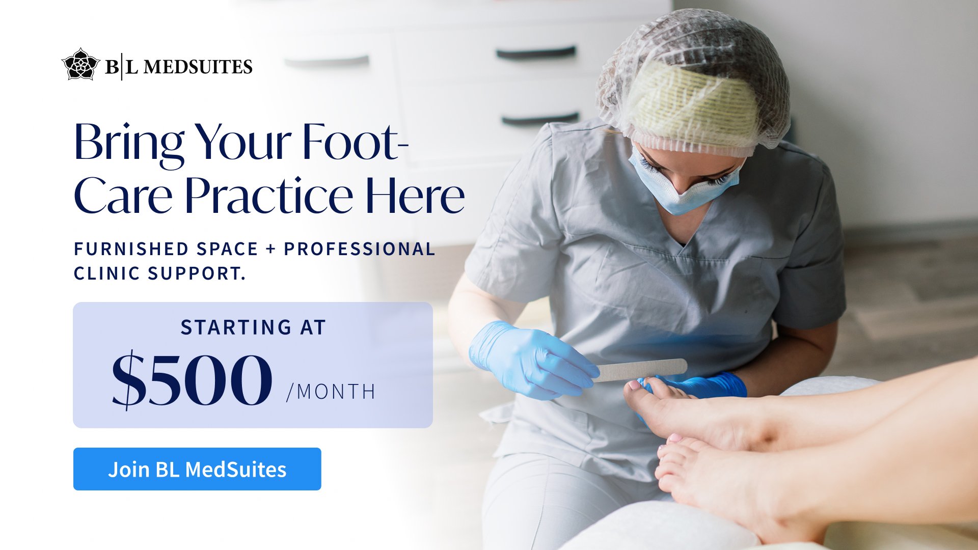 BL Medspa Facebook ad: $500/mo foot-care suite · Book a tour