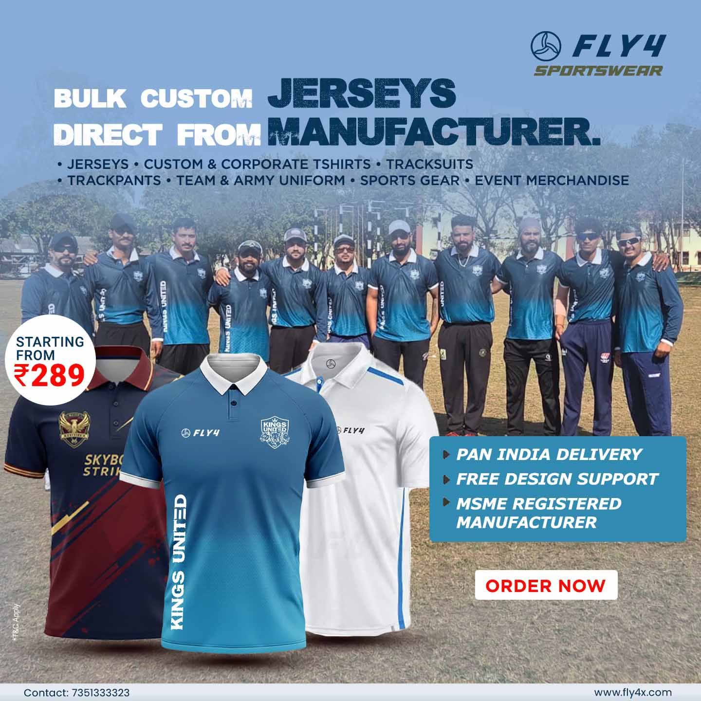 FLY4X Clothing Facebook ad: Professional Jerseys starting ₹290/-