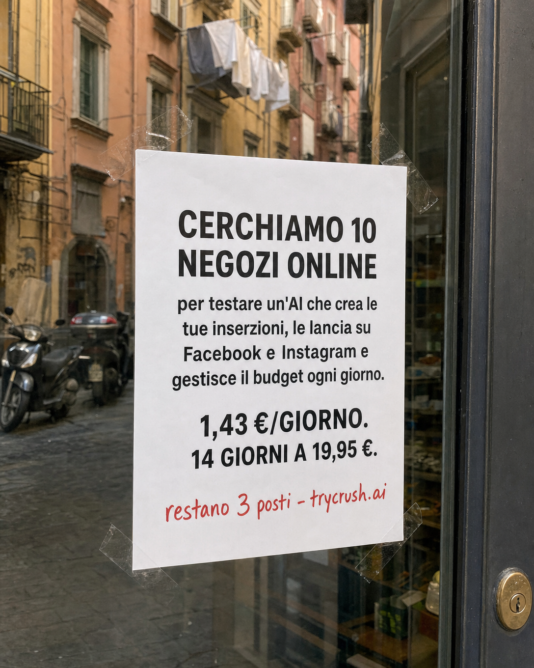 trycrush.ai Facebook ad: Cerchiamo 10 negozi online
