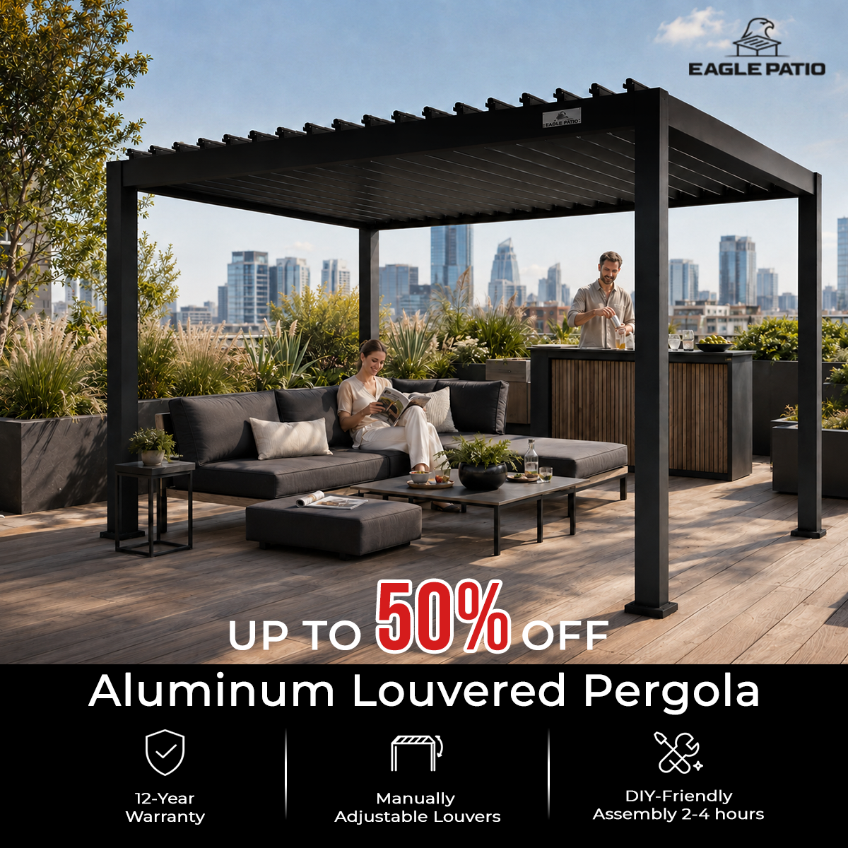 EaglePatio Facebook ad: Limited-Time Sale: Up to 50% OFF L5 Aluminum Louvered…