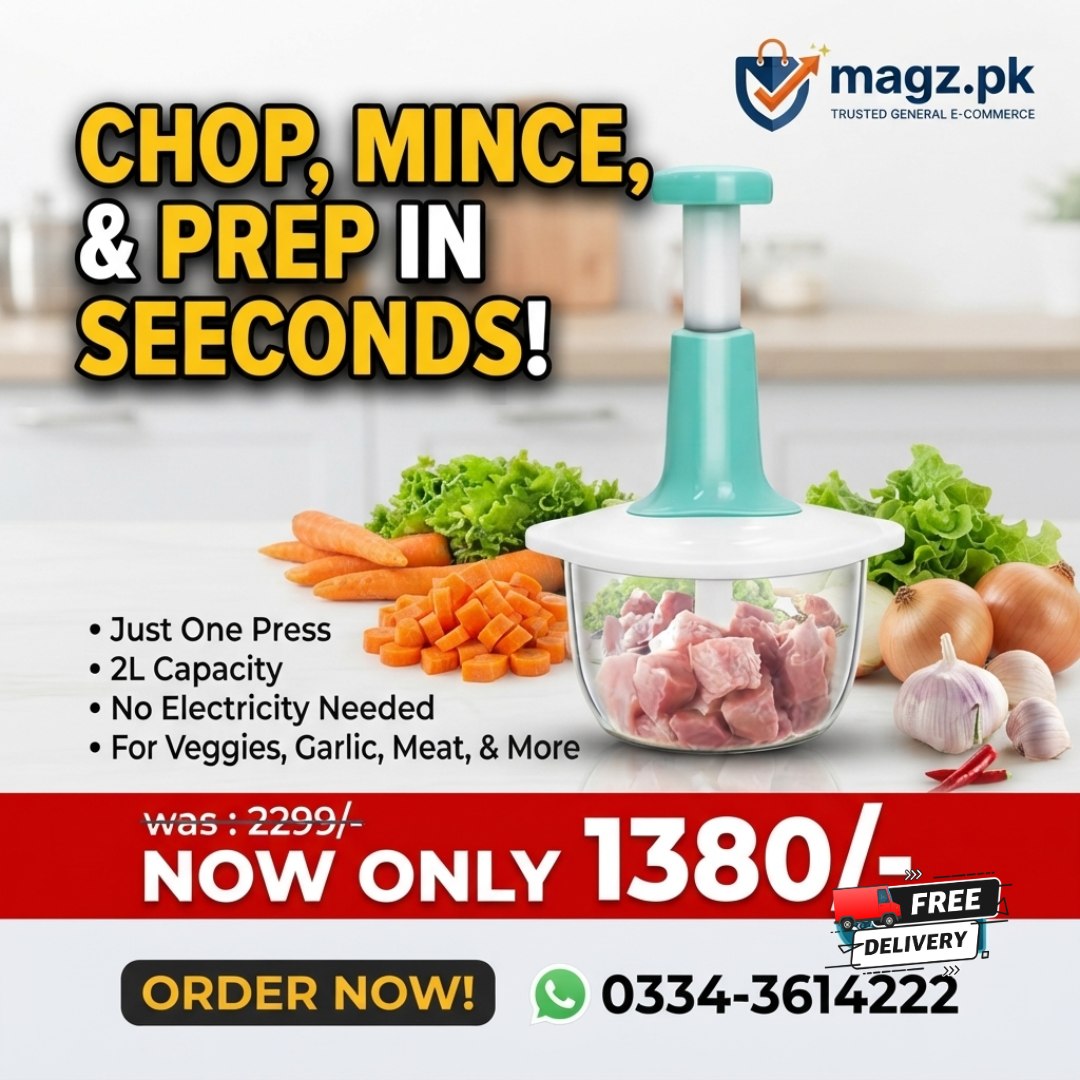 magz.pk Facebook ad: 2L Manual Hand Food Chopper, Vegetable & Meat Mincer |…