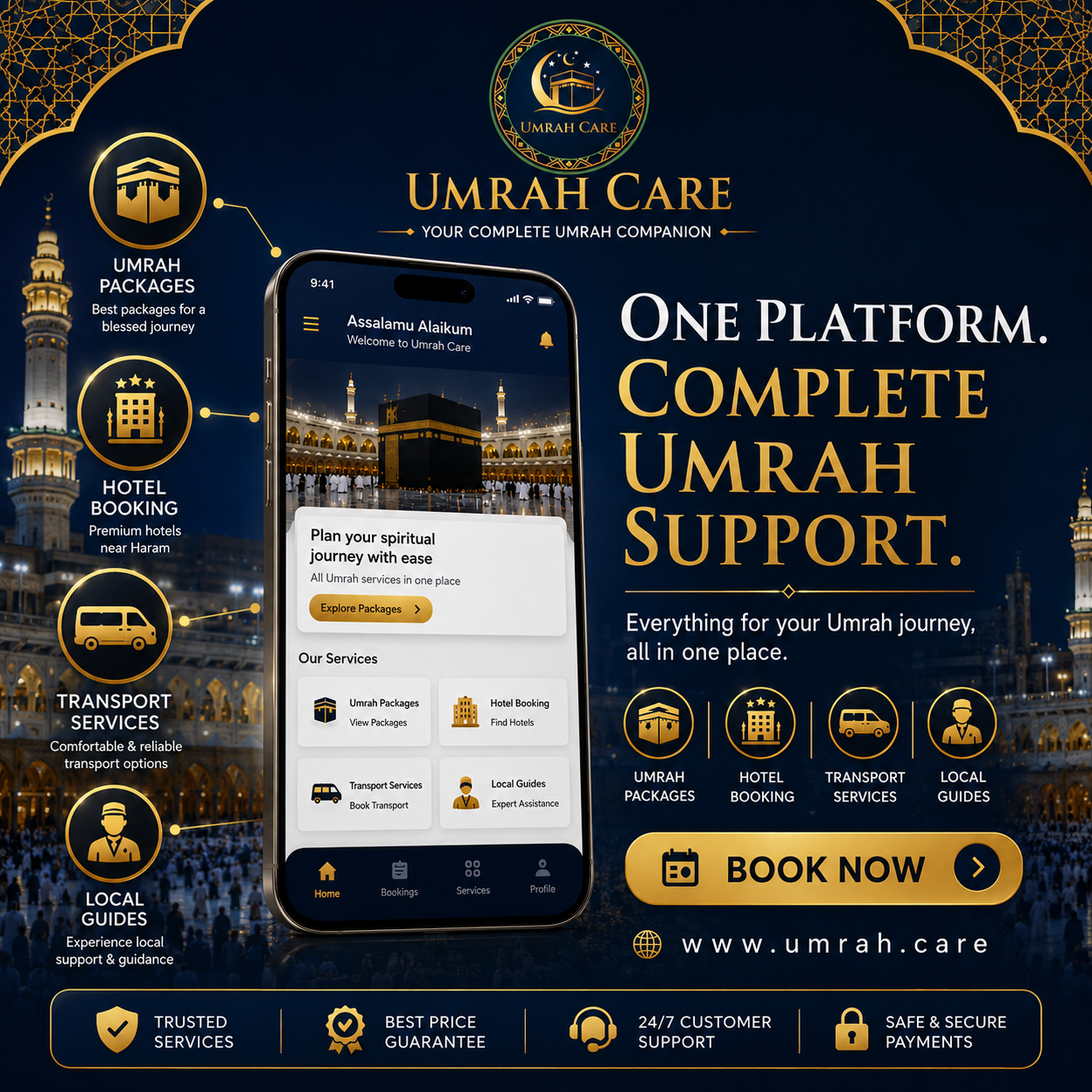 Umrah Care Facebook ad: One Platform. Complete Umrah Support.
