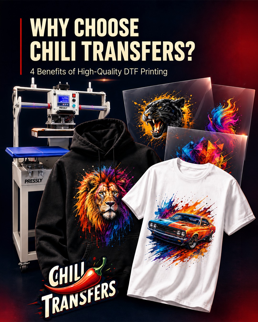 Chili Transfers LLC Facebook ad: Feel the difference of high-quality DTF printing.