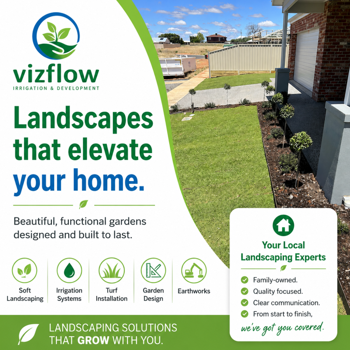 Vizflow Irrigation & Landscaping Facebook ad: Landscapes That Elevate Your Home