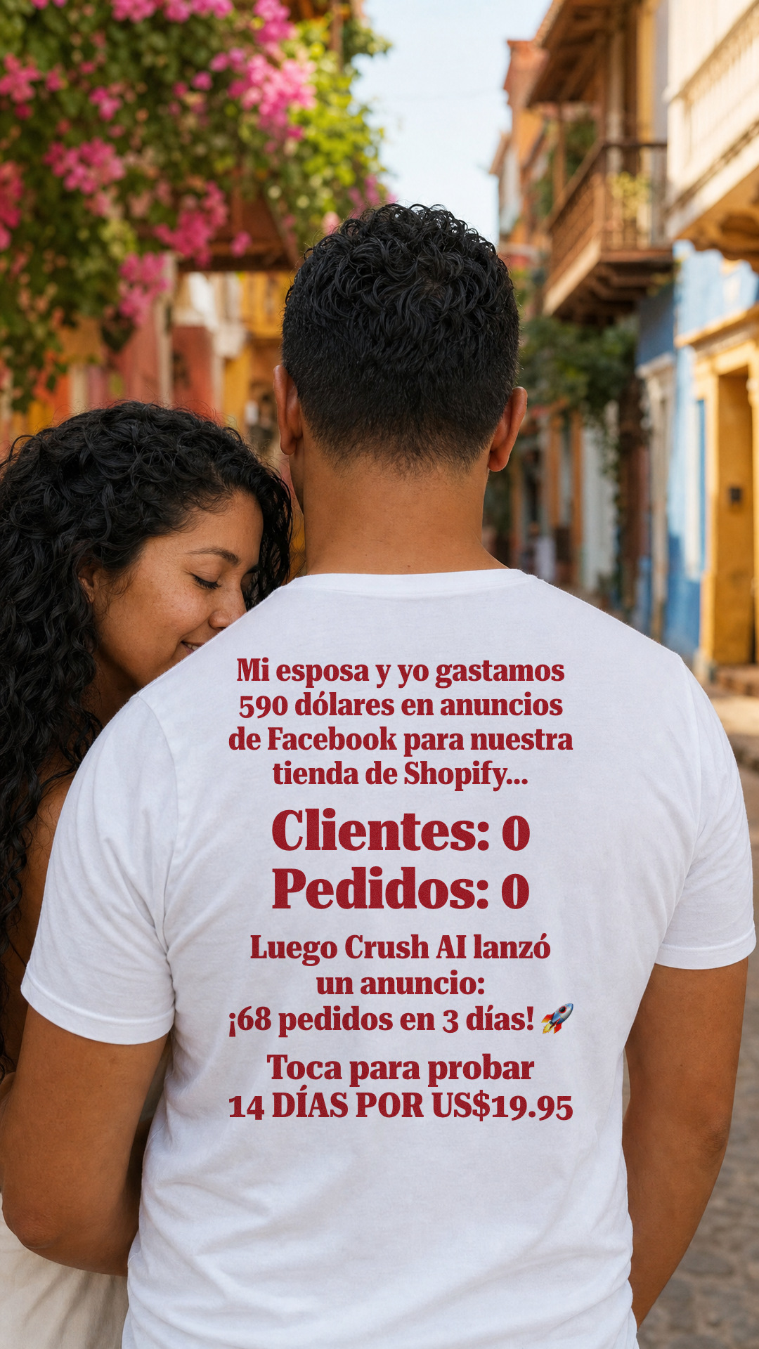 trycrush.ai Facebook ad: 590 dólares y 0 pedidos. Luego, 68 en 3 días