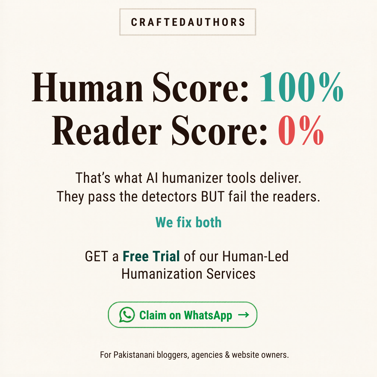 Crafted Authors Facebook ad: Try Us Free.