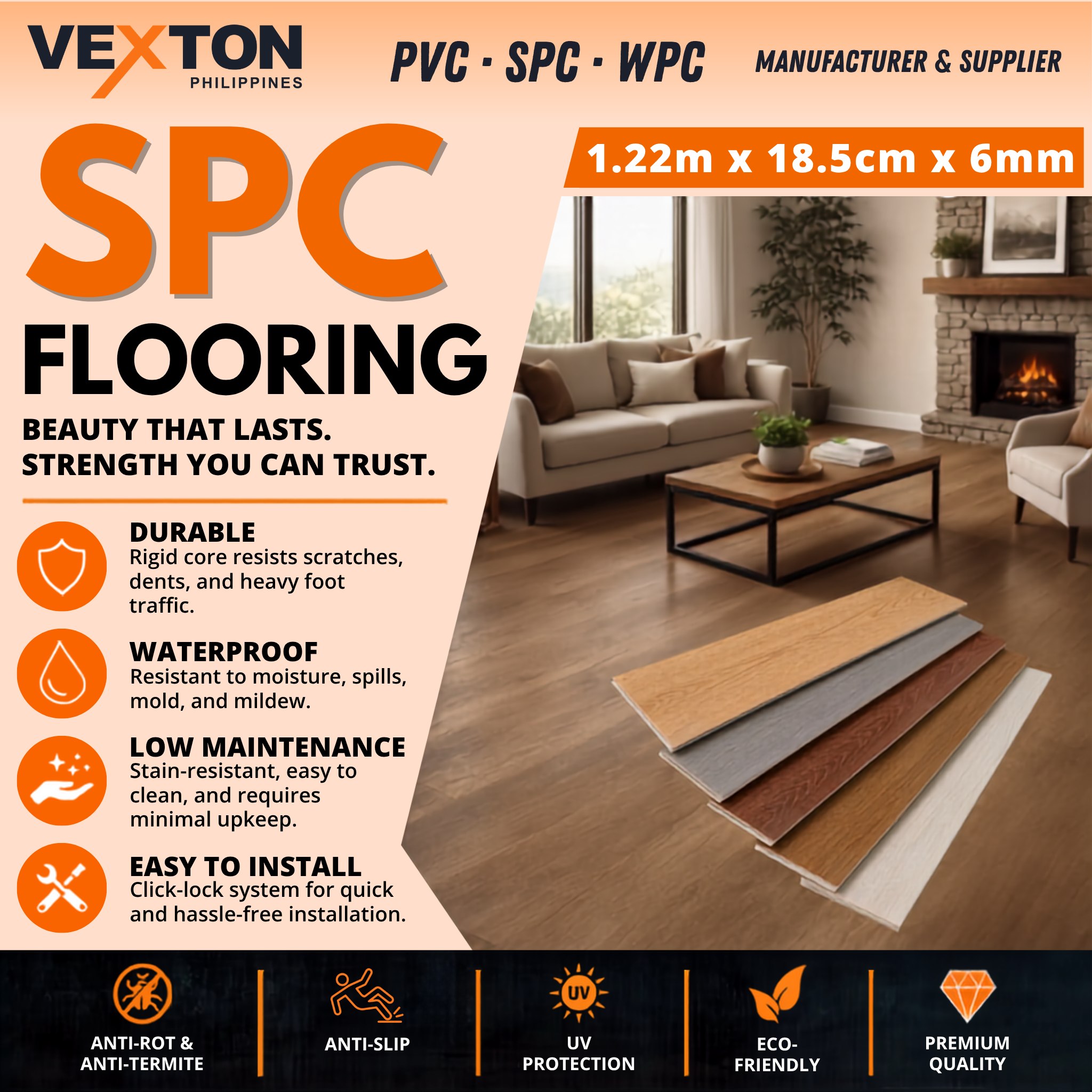 Vexton Philippines - PVC SPC WPC Panels Facebook ad: Transform your space with Premium SPC Flooring!