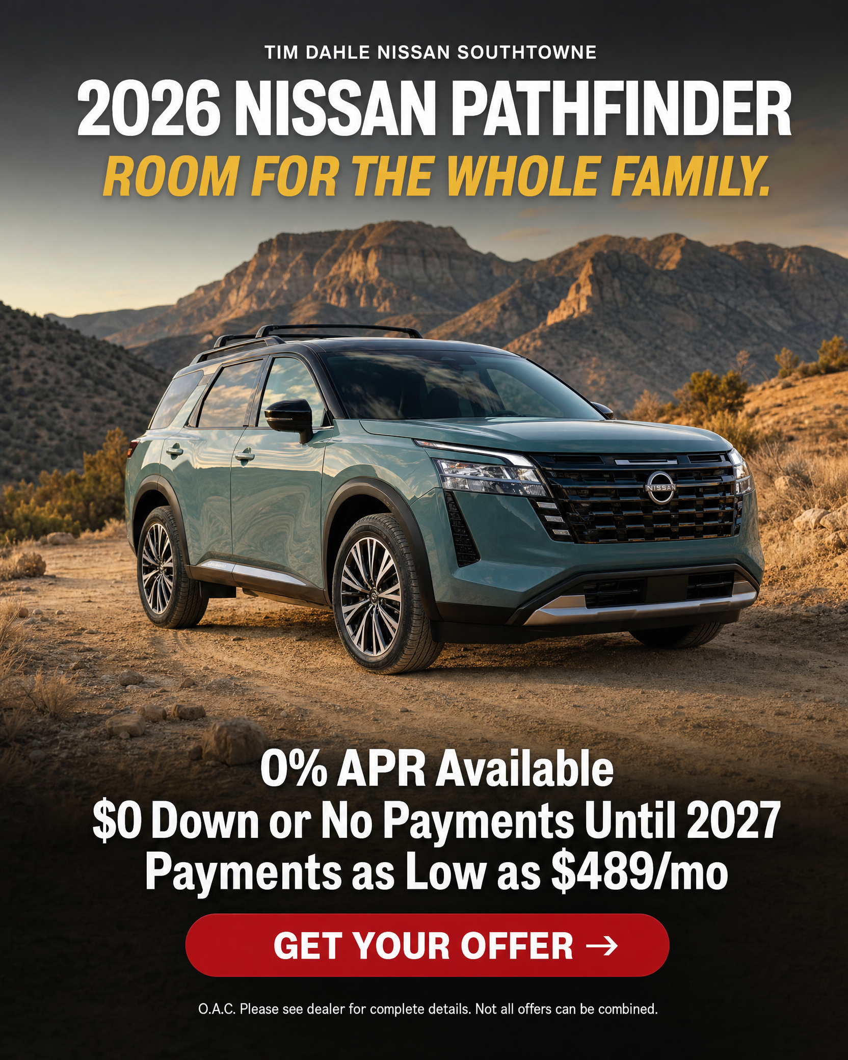 Tim Dahle Nissan Southtowne Facebook ad: 2026 Nissan Pathfinder: Room for the Whole Family