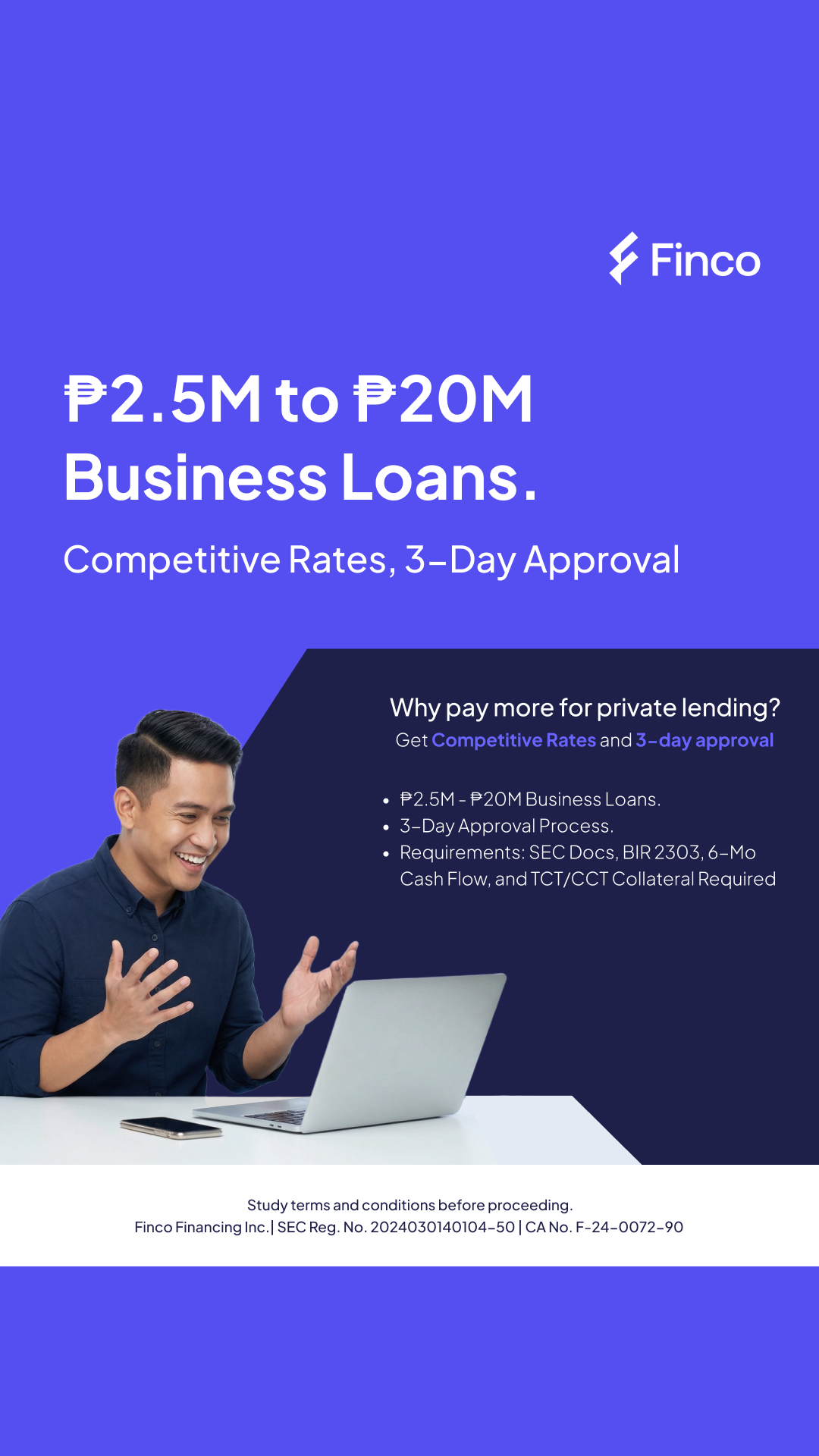 Finco Facebook ad: ₱2.5M to ₱20M Business Loans