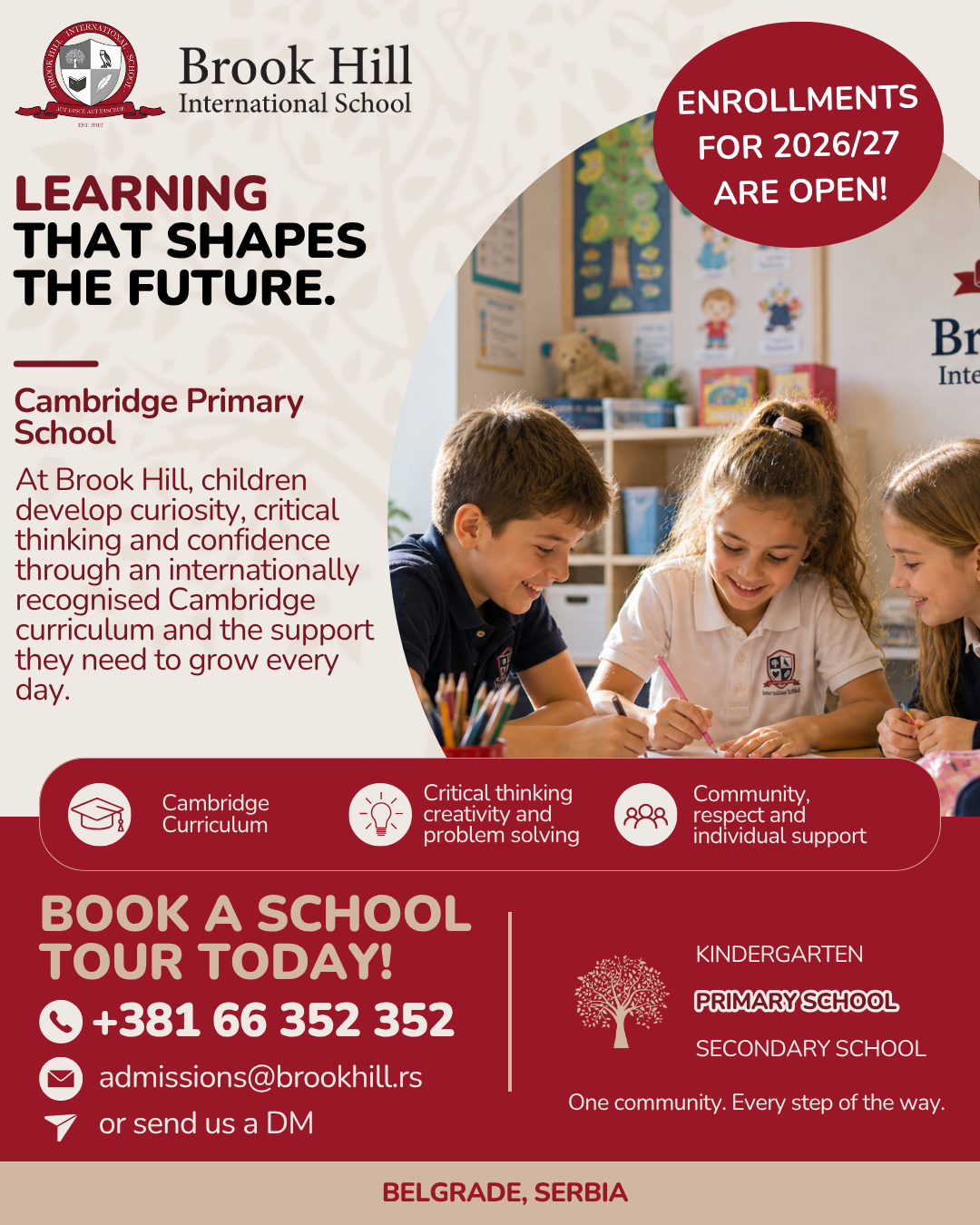 Brook Hill International School Belgrade Facebook ad: Cambridge Primary School in Belgrade