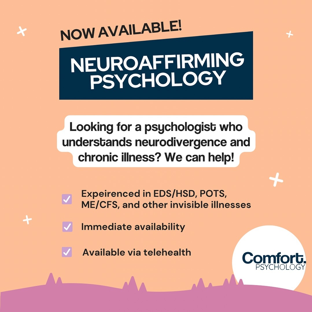 Comfort Psychology Facebook ad: Are you neurodivergent and/or have a chronic illness…
