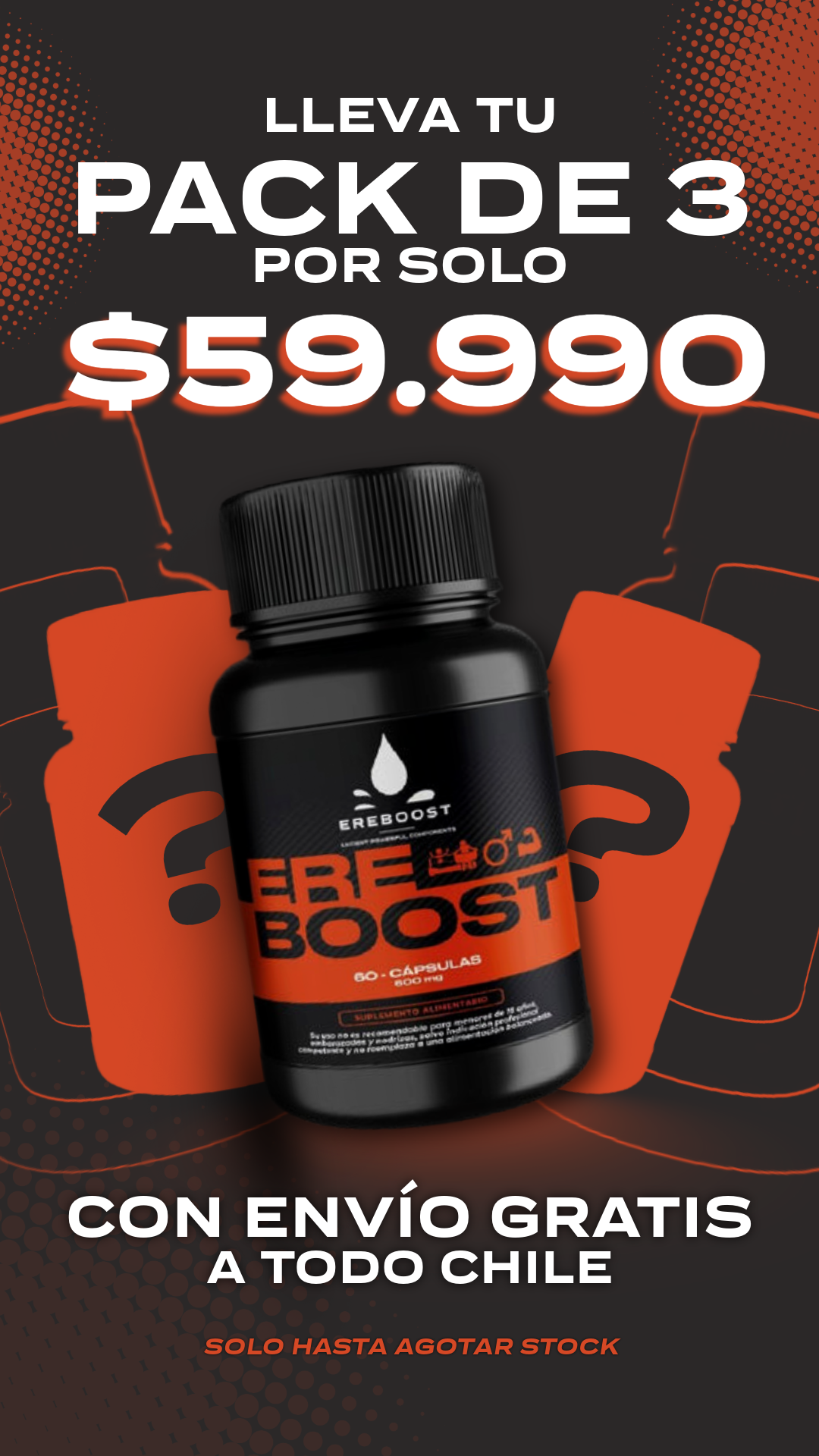Ereboost Facebook ad: 3 frascos por $59.990, oferta por tiempo limitado