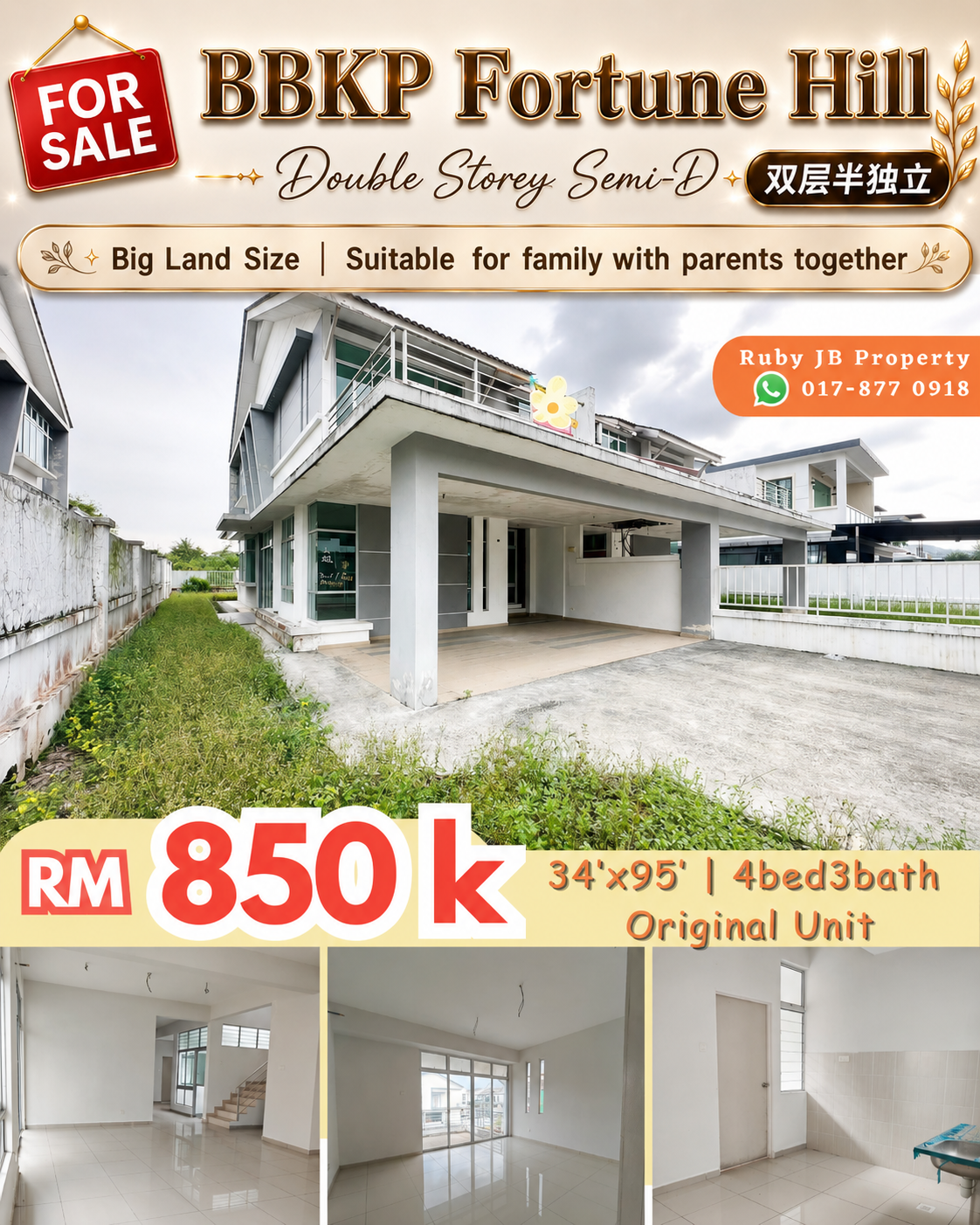 Ruby Property In JB 新山人家 Facebook ad: BBKP Fortune Hill Double Storey Semi-D RM850k nett