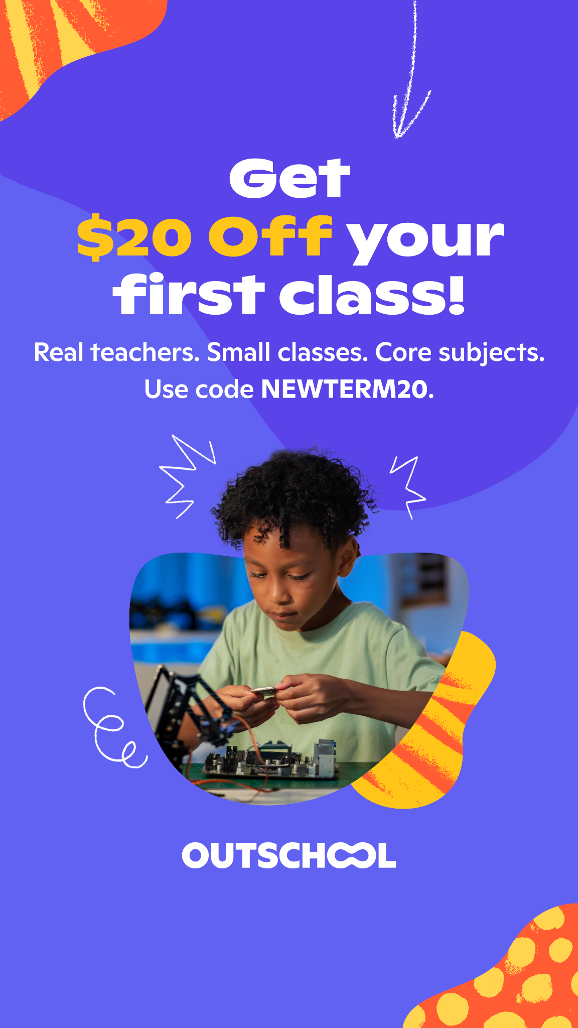 Outschool Facebook ad: $20 off your first class