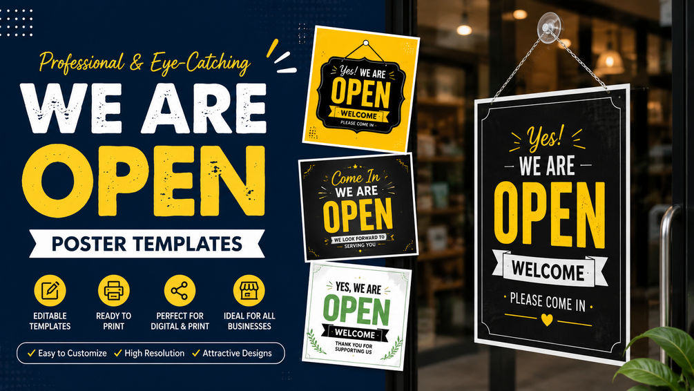 Arpan Banerjee Facebook ad: We Are Open Poster Templates, Professional Business…