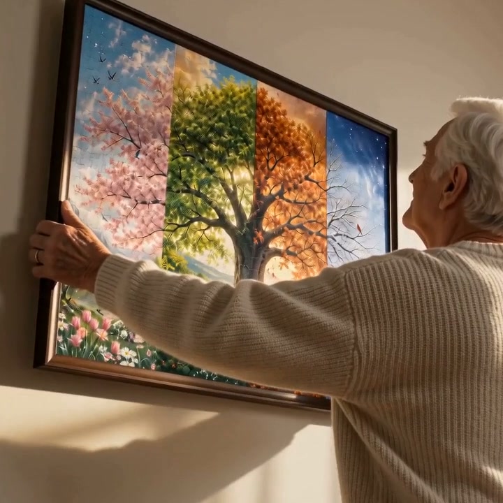 Fun-Puzzle Facebook ad: Four seasonal landscapes gather around the ancient tree…