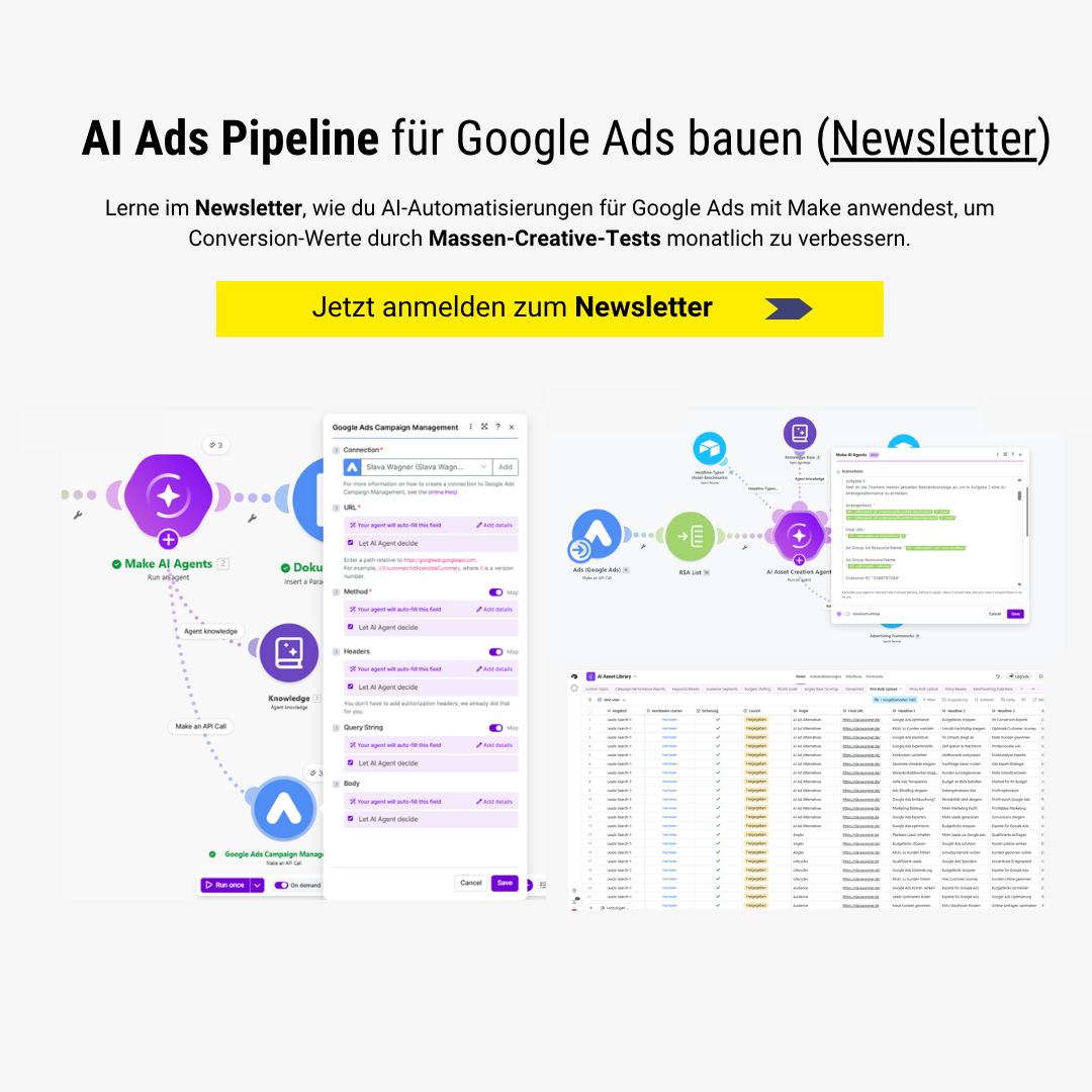 Slava Wagner Automations Facebook ad: AI Ads Pipelines für Google Ads (Newsletter)