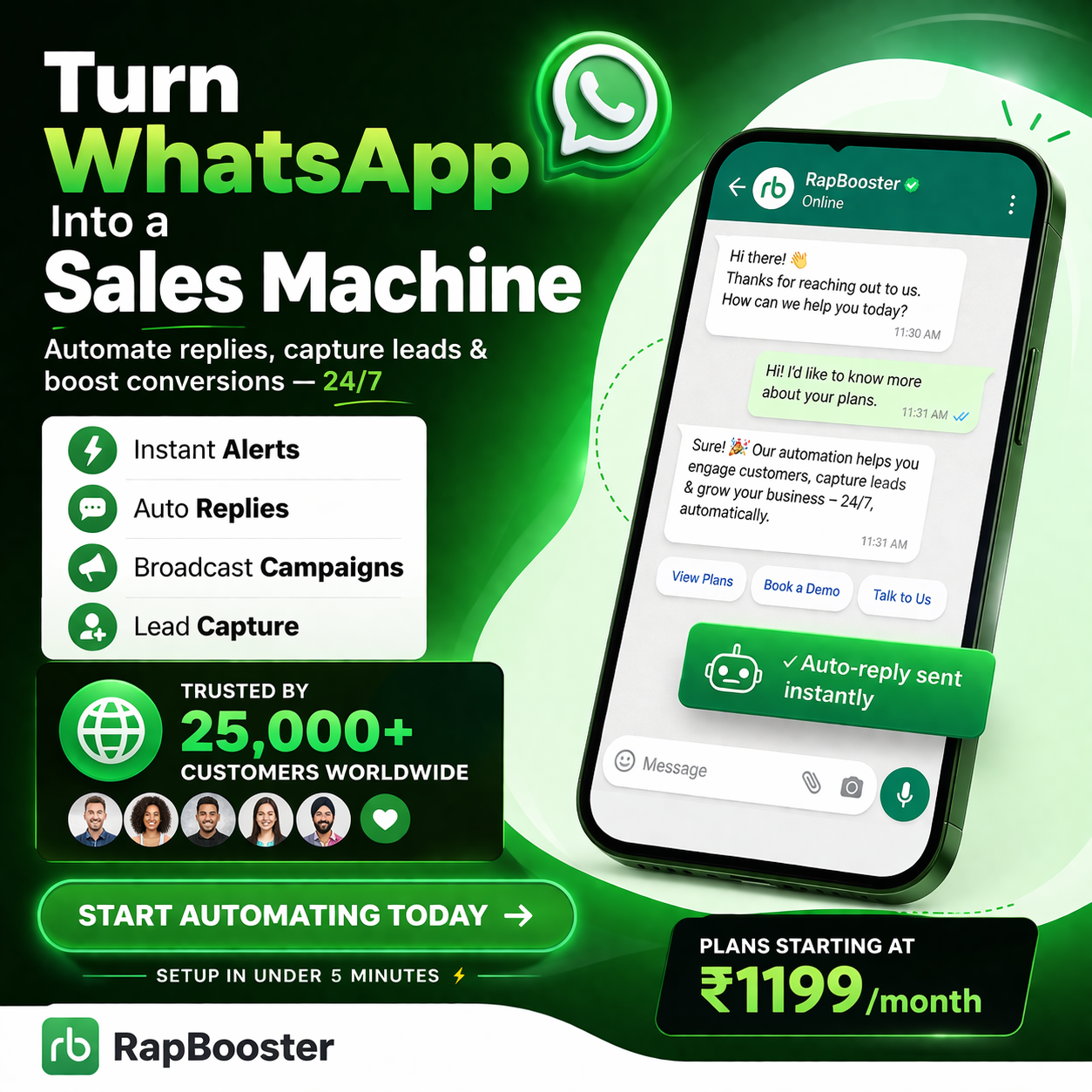 Rapbooster Facebook ad: Bulk WhatsApp + AI Chatbot for 24/7 Sales