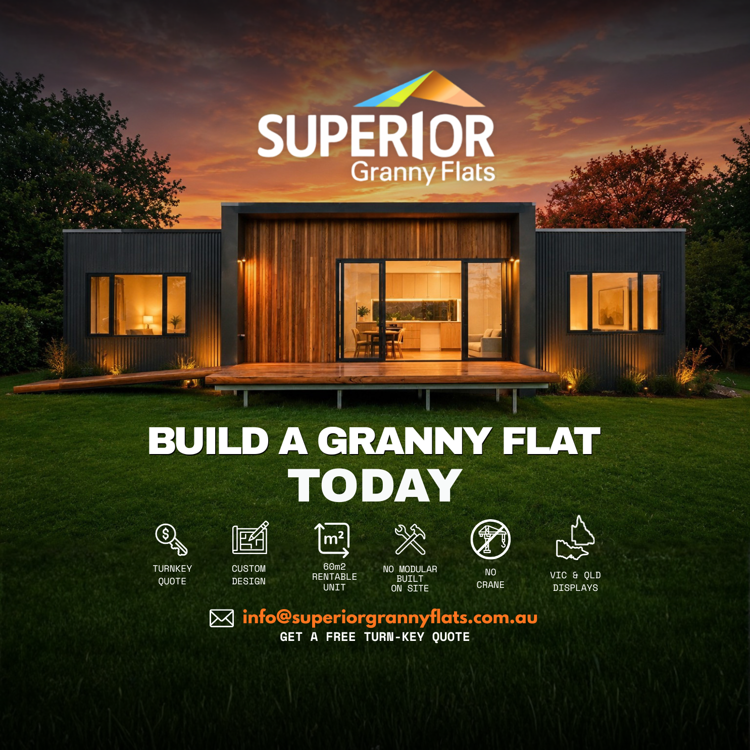 Superior Granny Flats Facebook ad: Custom-Built Granny Flats (No Cranes. No Modulars).