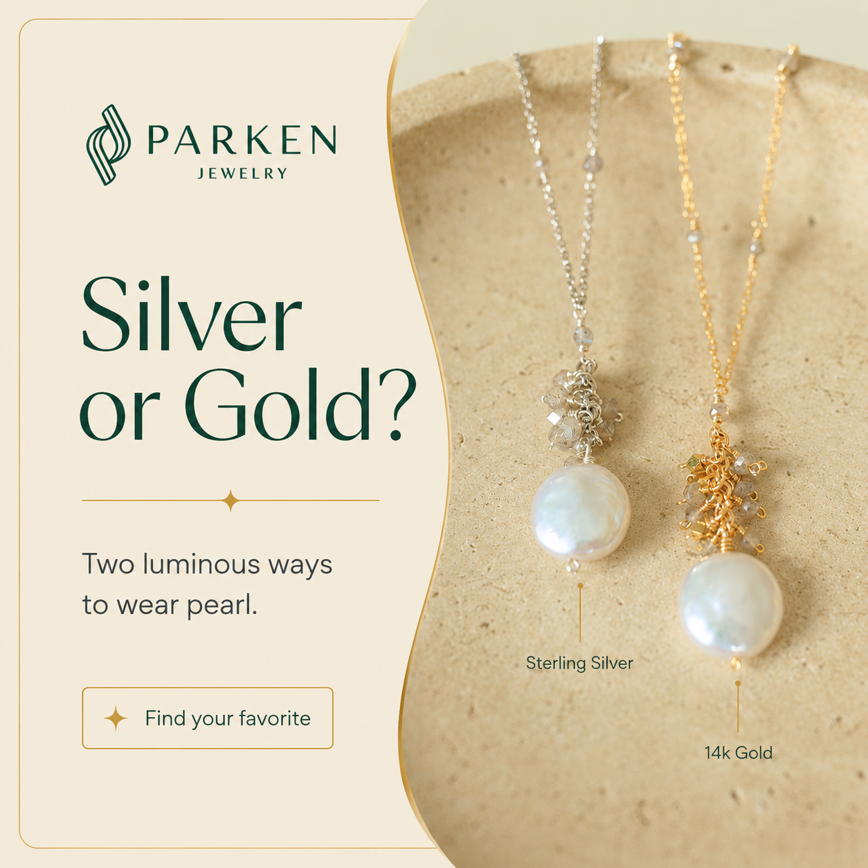 Parken Jewelry Facebook ad: Pearls. Timeless, luminous, made to be worn.