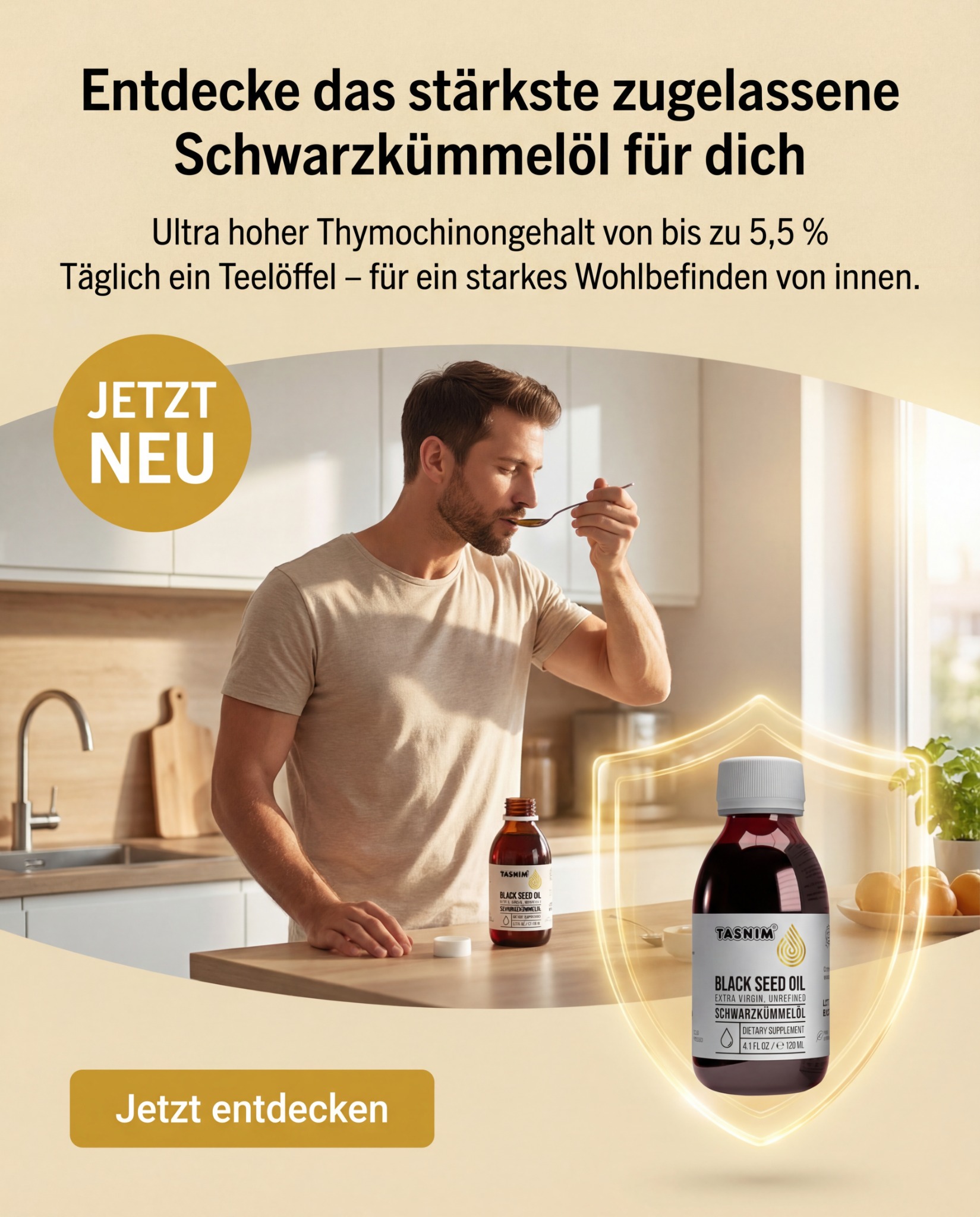 Tasnim DACH Facebook ad: Tasnim, kaltgepresst, laborgeprüft, apothekenzugelassen…