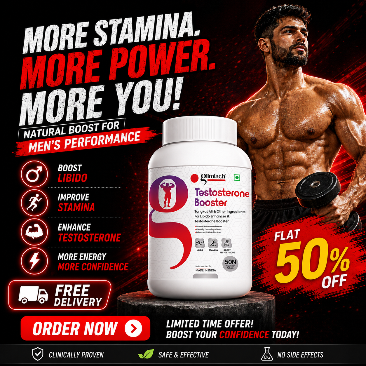 Glimlach Facebook ad: Build Strength With Testosterone Booster