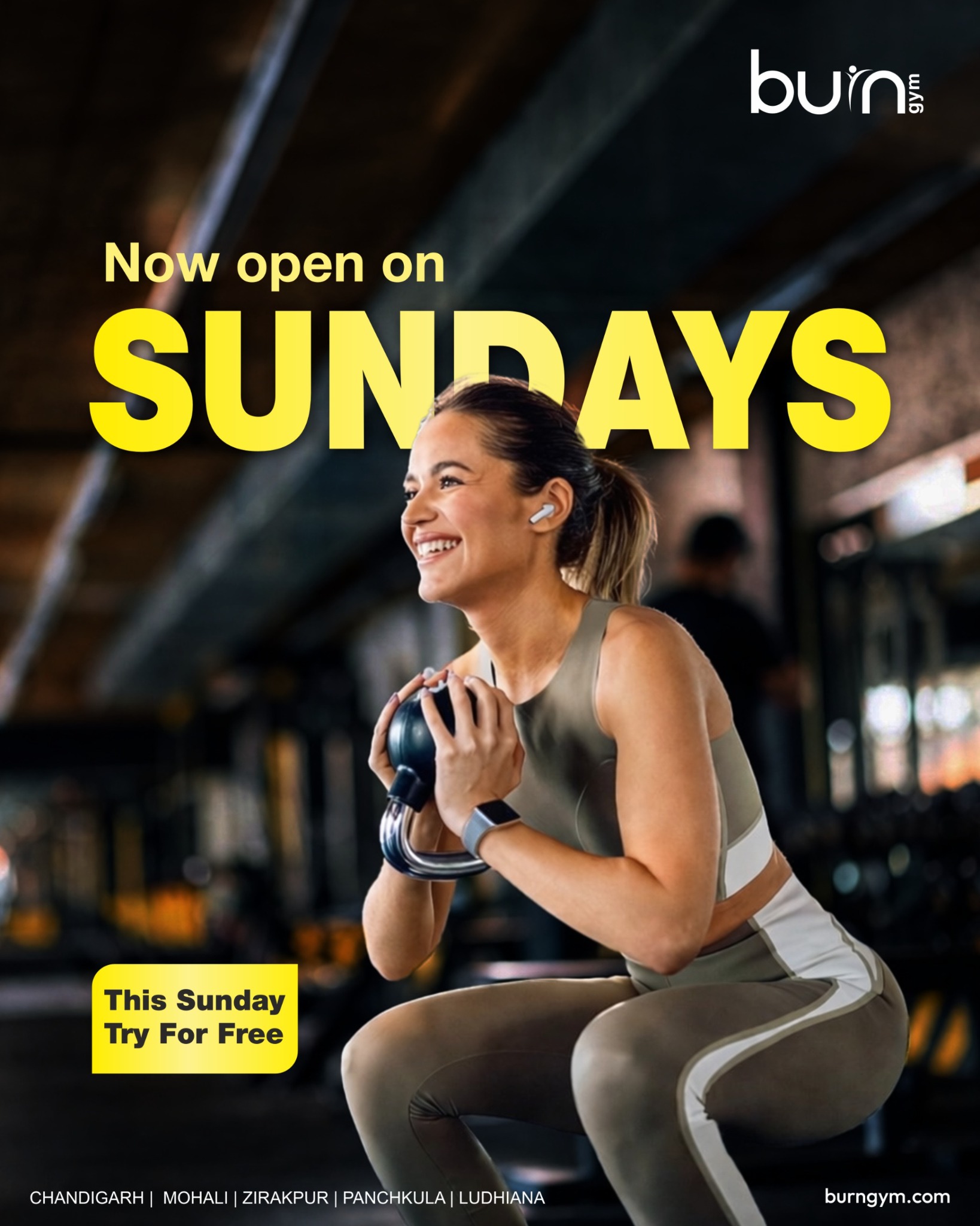 BurnGym Facebook ad: Now Open on Sundays