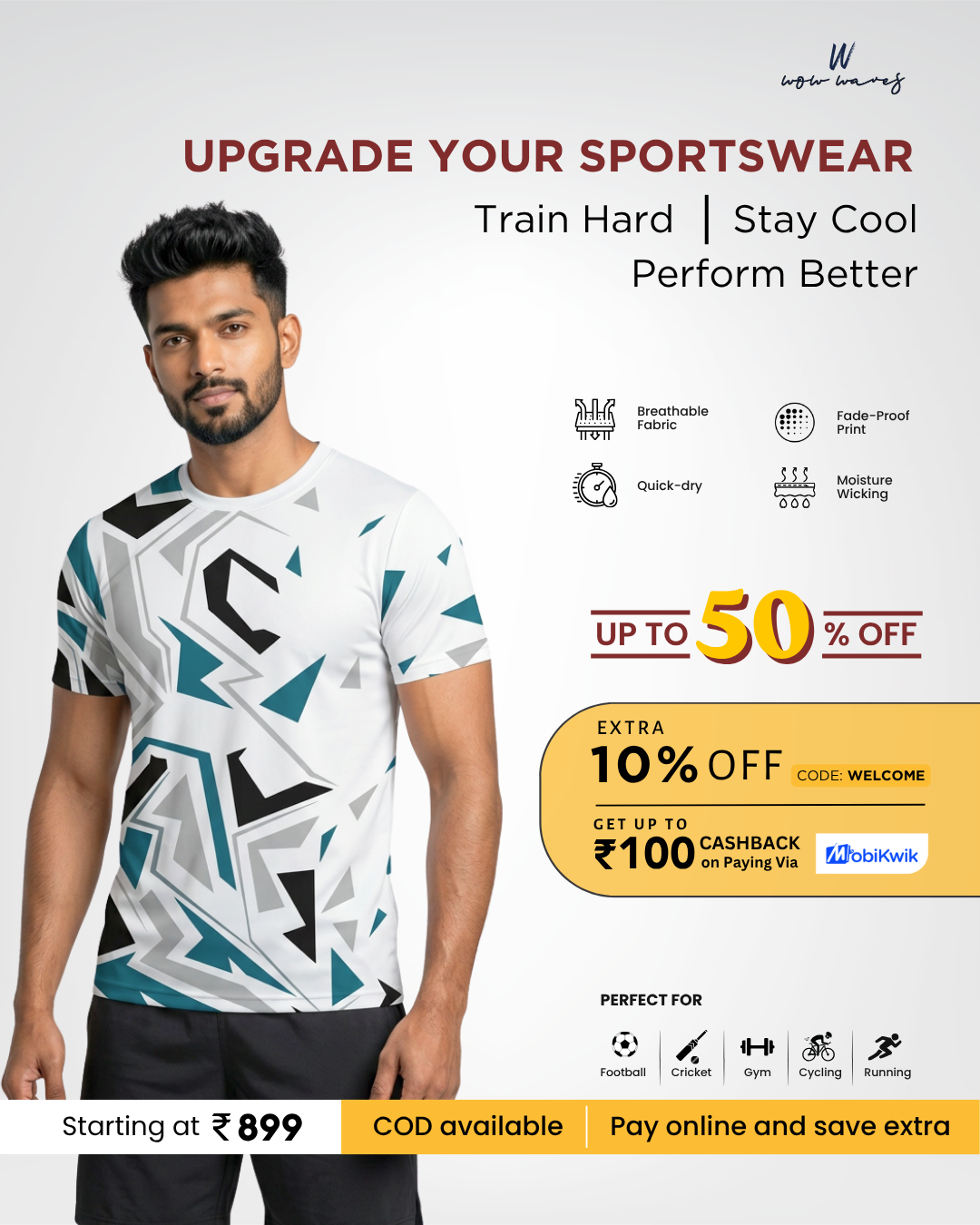 WOW WAVES Facebook ad: Quick-Dry AOP Sports T-Shirts | Shop Now