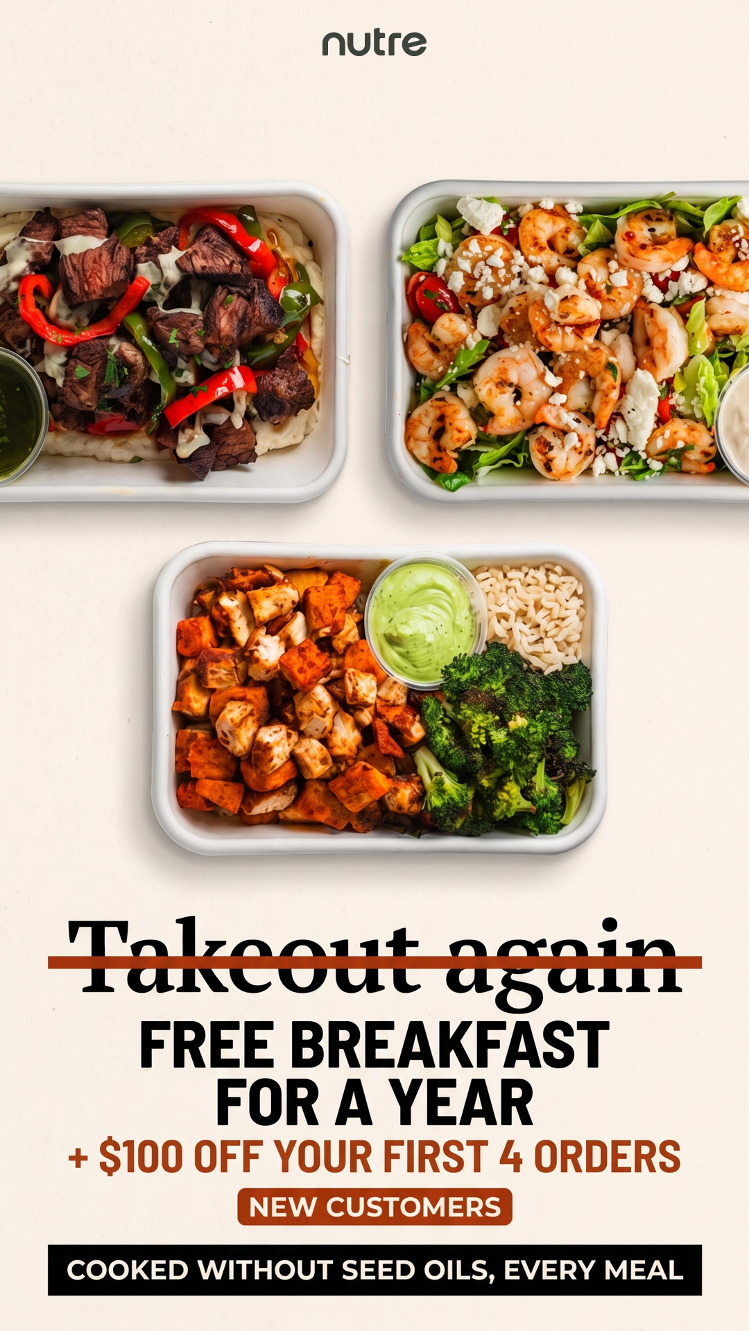Nutre Meal Plans Facebook ad: FREE Breakfast for 1 YEAR + $100 OFF!