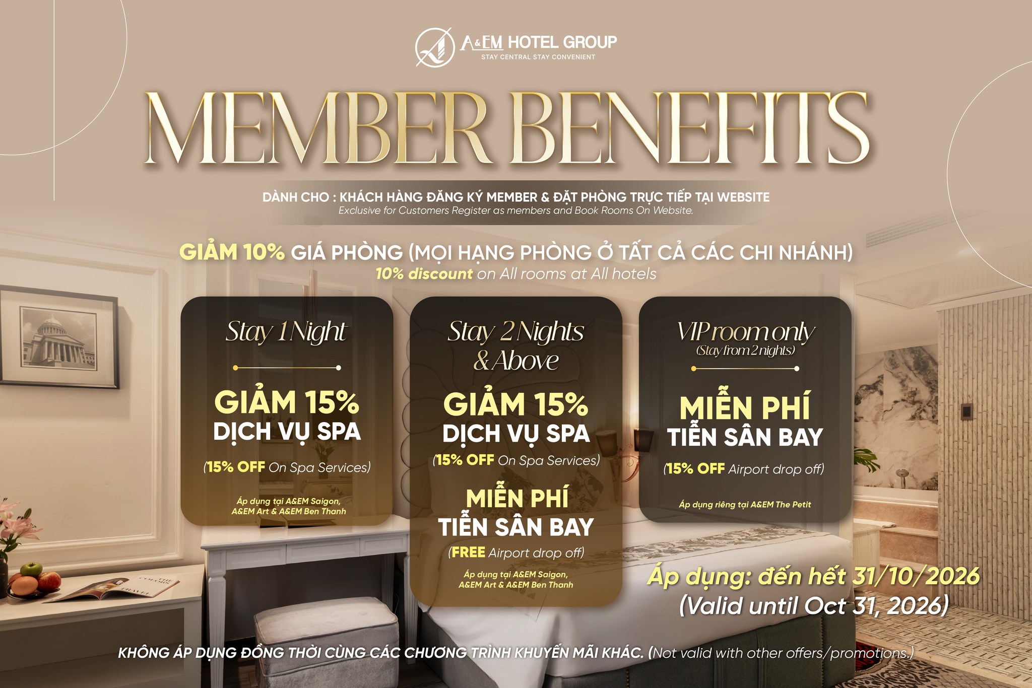 A&EM Hotels Facebook ad: ĐẶC QUYỀN DÀNH RIÊNG CHO WEBSITE MEMBERS