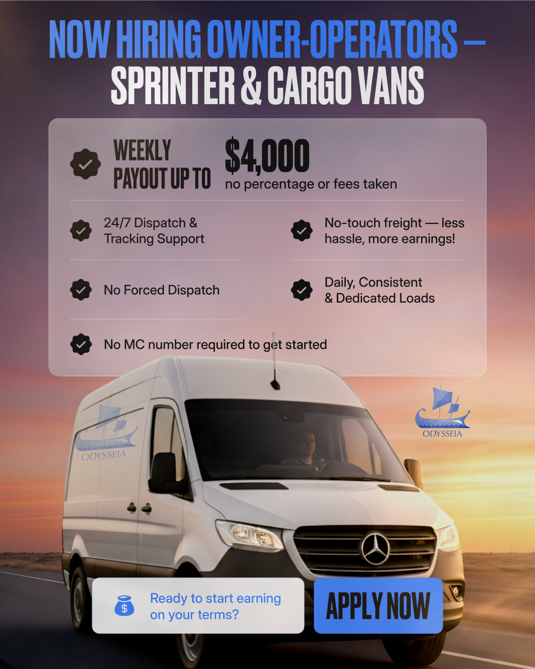 Odysseia Facebook ad: Now Hiring Owner-Operators - Sprinter & Cargo Vans
