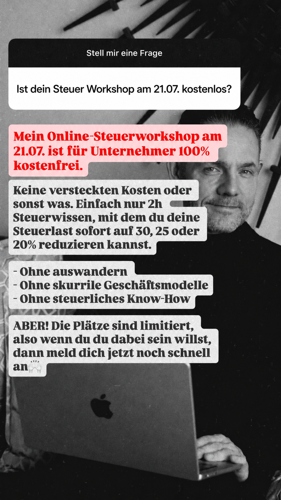 Burkhard Küpper Facebook ad: Kostenloser Steuer-Workshop am 21.07. um 19 Uhr