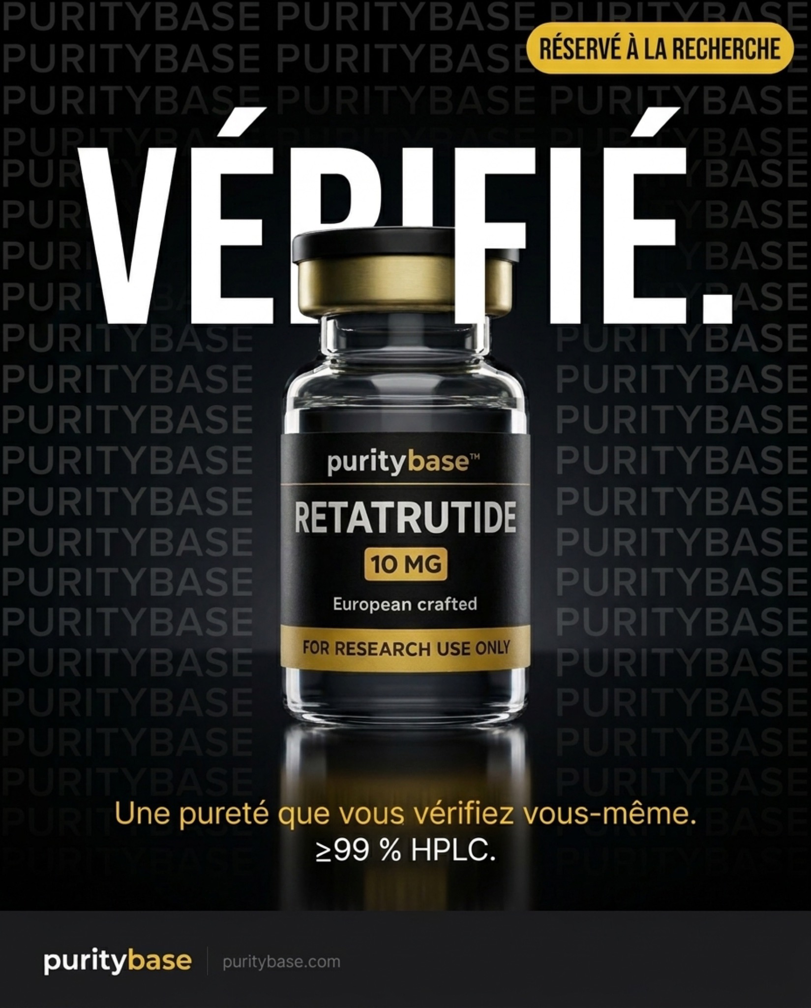 PurityBase Facebook ad: ≥99 % de pureté. Testé indépendamment. Disponible…