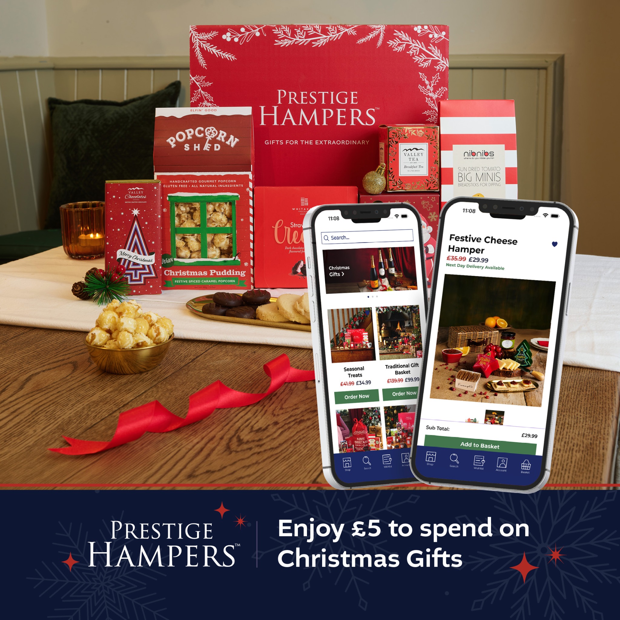 Prestige Hampers Facebook ad: Enjoy £5 to spend when you add 3…
