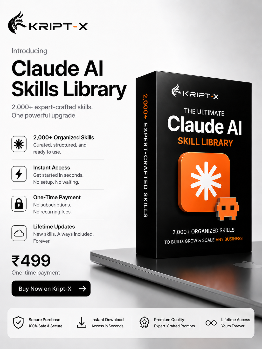 Kript - X Facebook ad: Order Kript-X, 2,000 Claude Skills ₹499