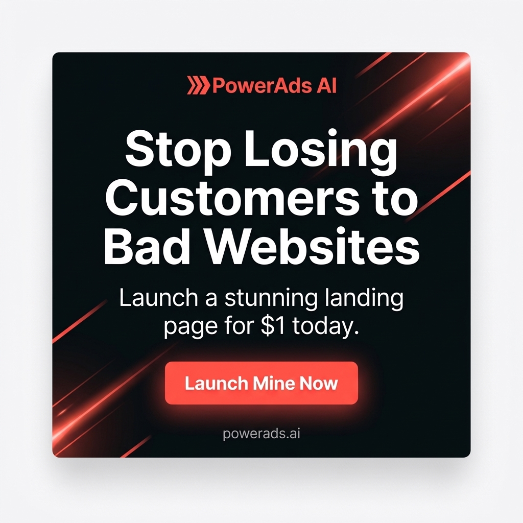 PowerAds.Ai Facebook ad: Your first converting landing pages, for $1. Edit for Free