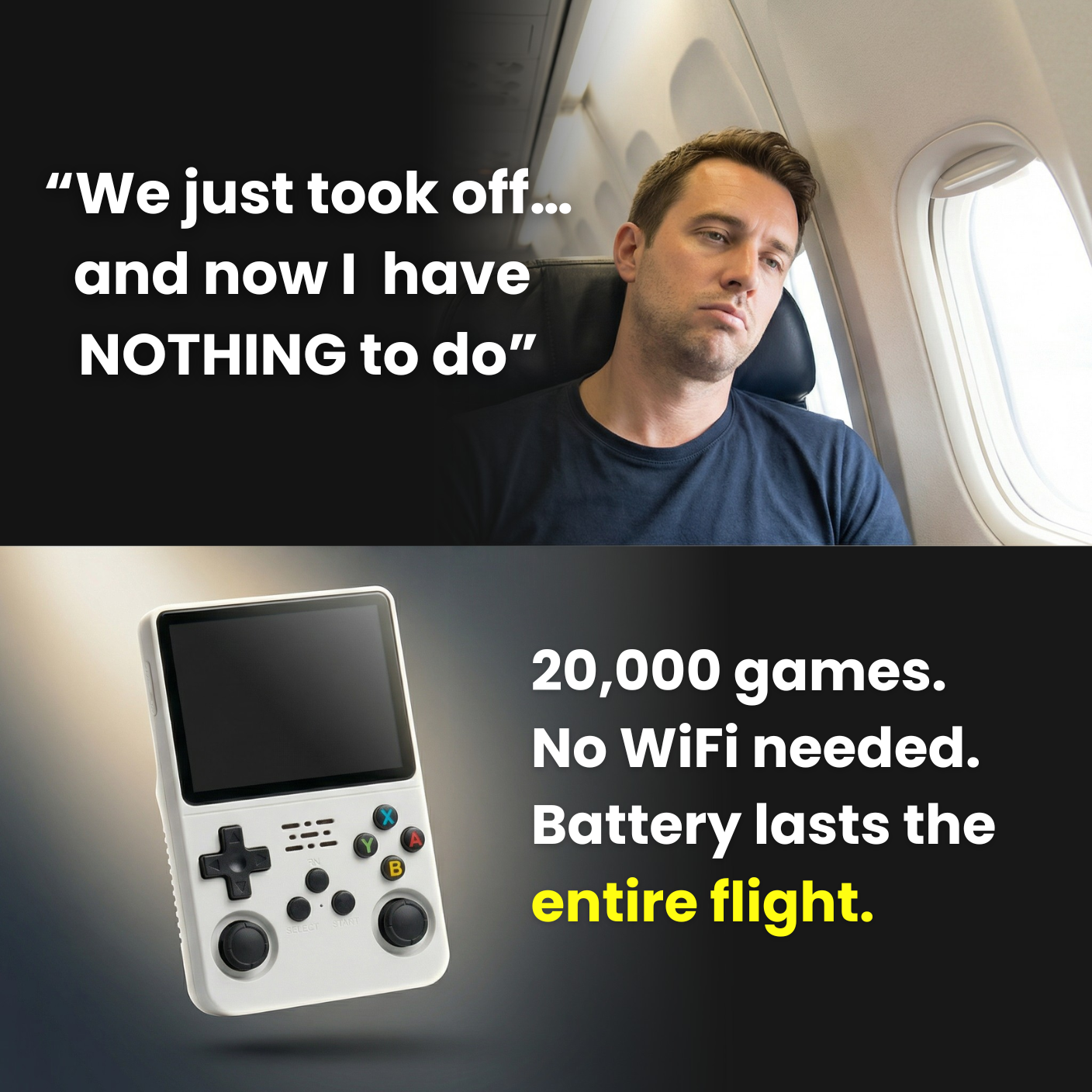 Retronanix Facebook ad: Never Be Bored On A Flight Again