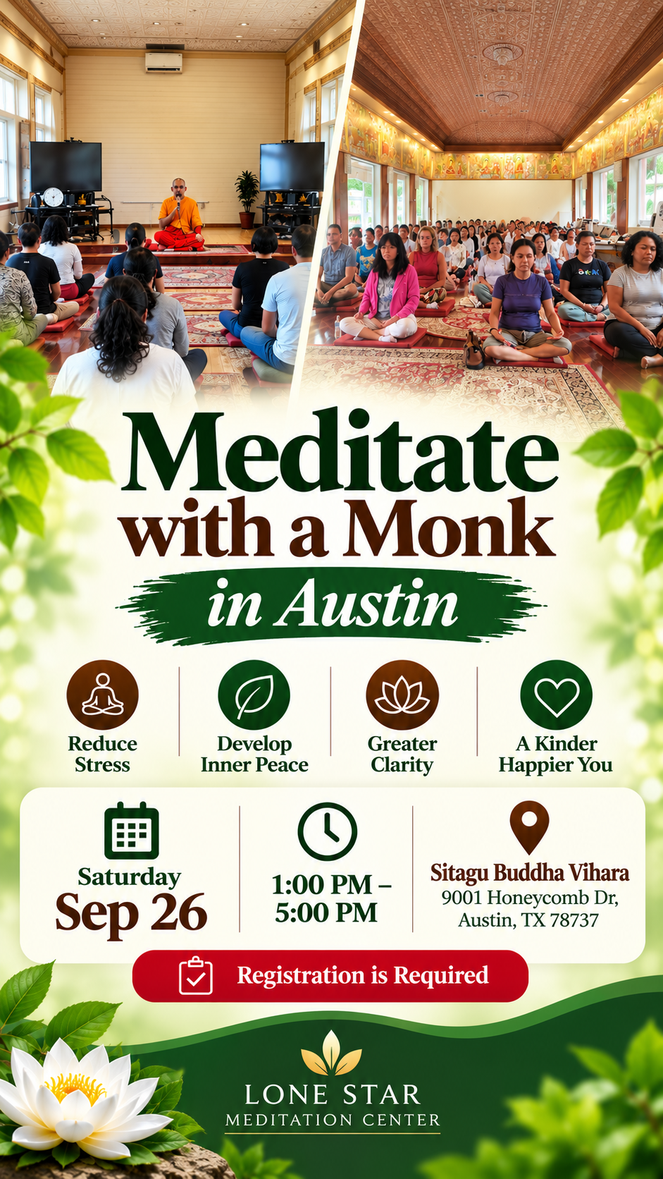 Lone Star Meditation Center Facebook ad: Pause. Breathe. Discover Inner Peace in Austin.