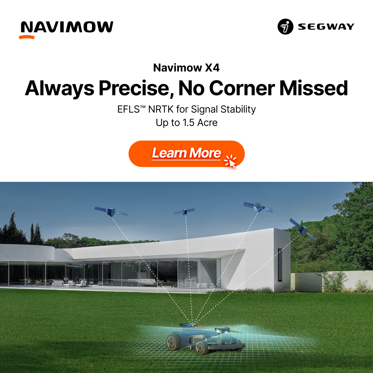 Segway Navimow Facebook ad: Smart mowing, safe home.