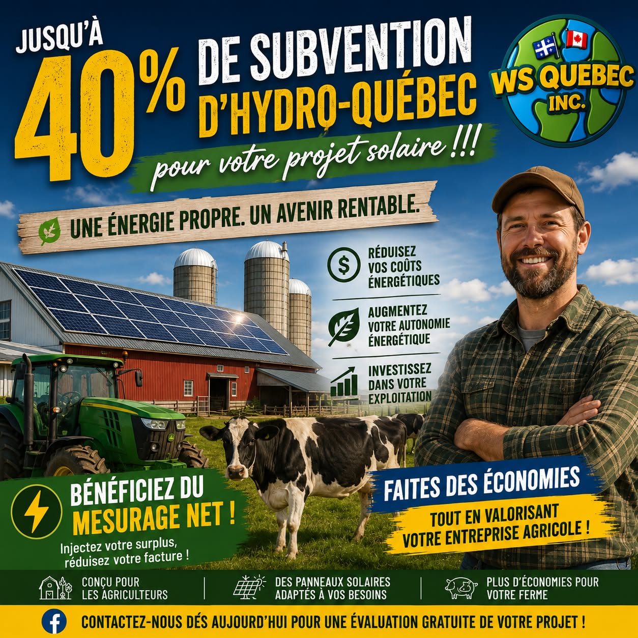 Subventions panneaux solaires Facebook ad: JUSQU'A 40.000$ de subventions pour les agriculteurs