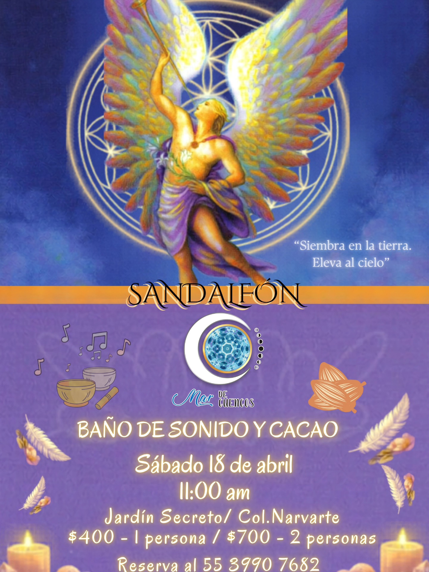 Mar de cuencos Facebook ad: Baño de Sonido y Cacao: Arcángel Sandalfón