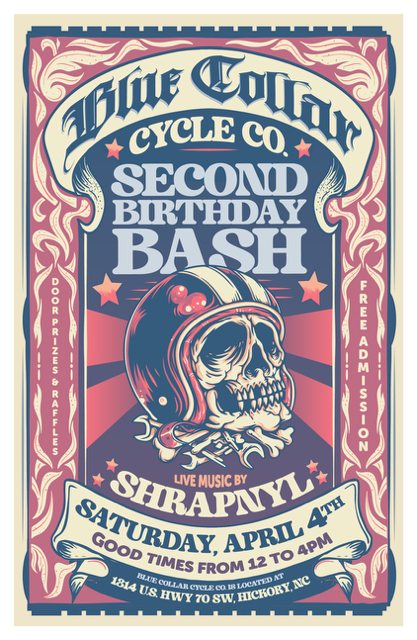Blue Collar Cycle Company Facebook ad: BCC HICKORY 2ND BIRTHDAY BASH