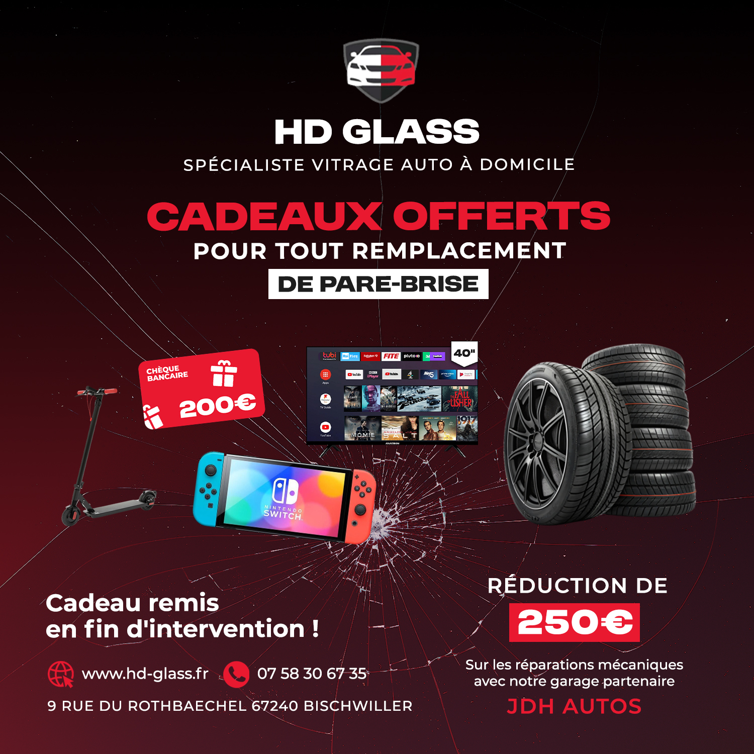 HD GLASS Facebook ad: Pare-brise fissuré? On vient chez vous, on vous…