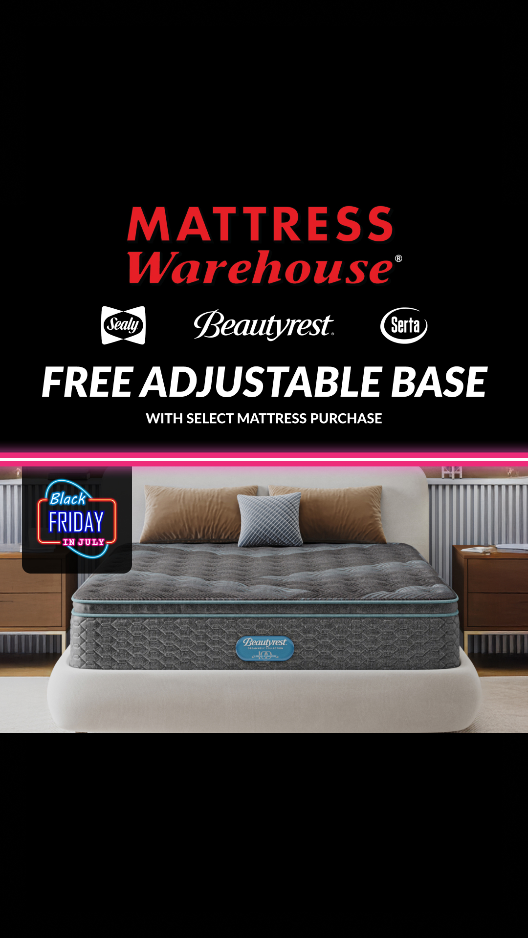 Mattress Warehouse Facebook ad from Jul 8, 2026